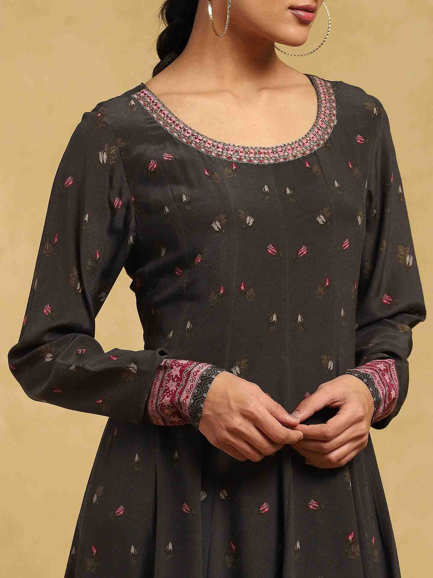 Charcoal Grey Alexander Crepe Anarkali Suit Set