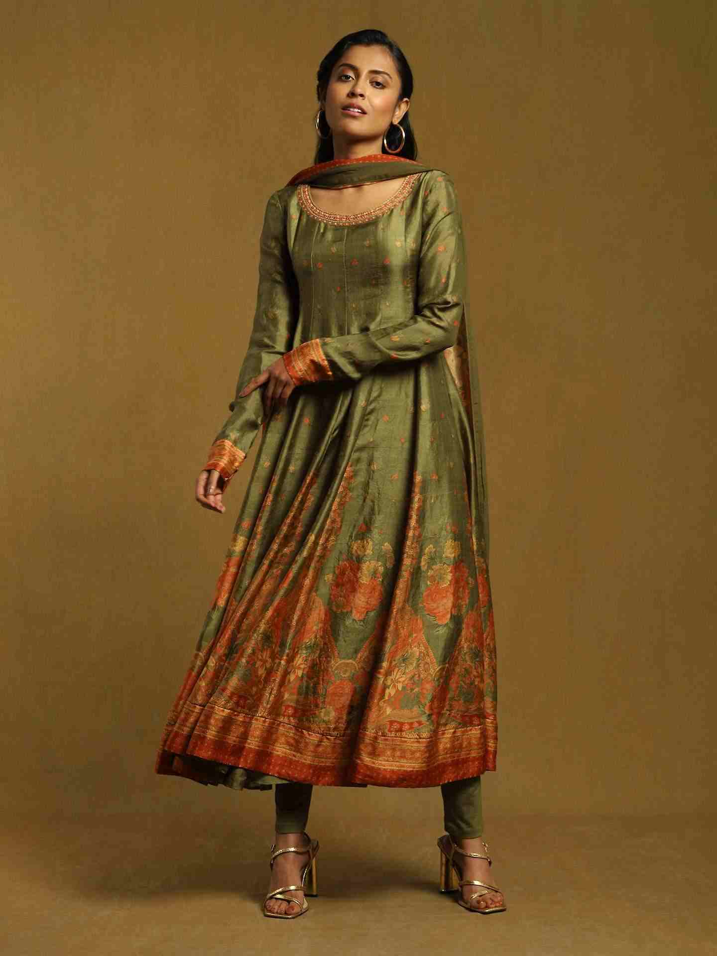 Olive Green Alexander Crepe Anarkali Suit Set