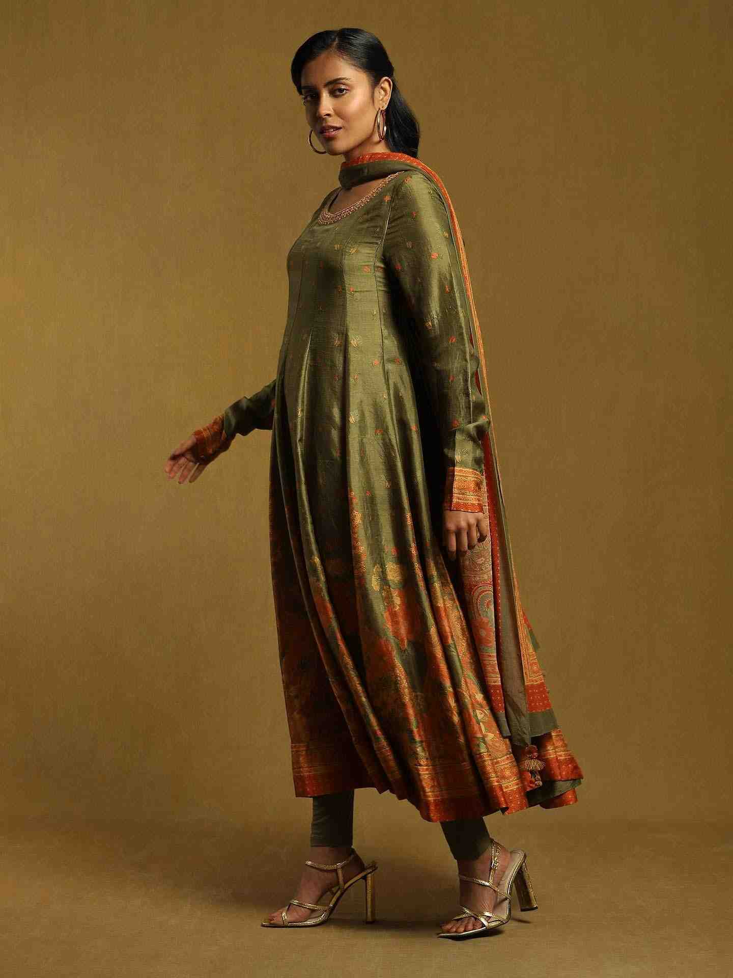 Olive Green Alexander Crepe Anarkali Suit Set