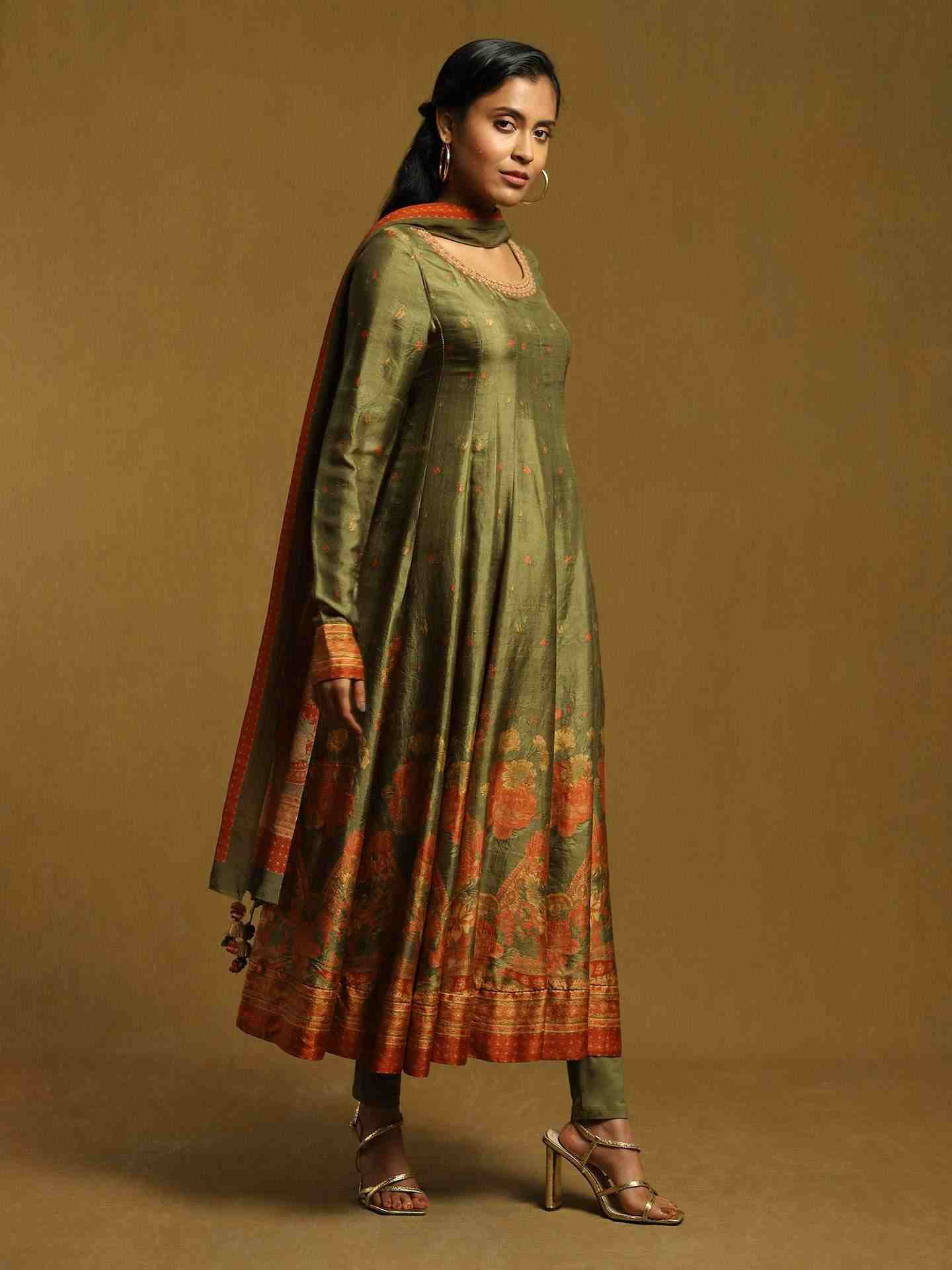 Olive Green Alexander Crepe Anarkali Suit Set