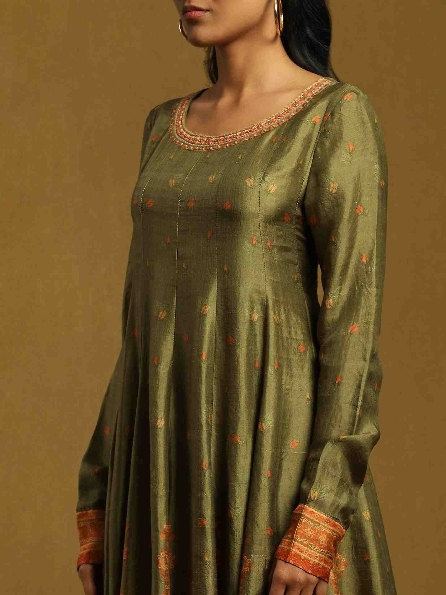 Olive Green Alexander Crepe Anarkali Suit Set