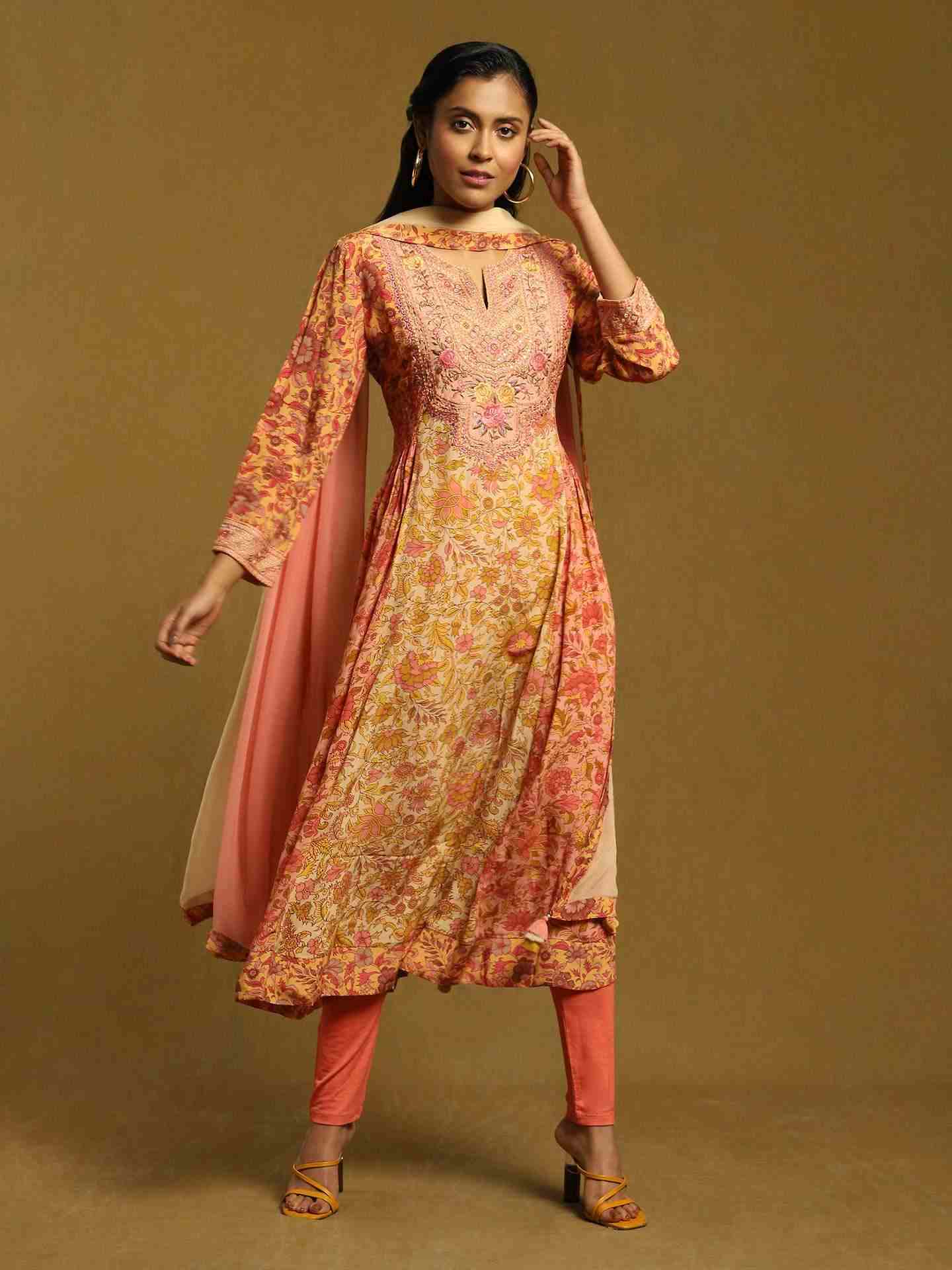 Peach Alyssa Crepe Anarkali Suit Set