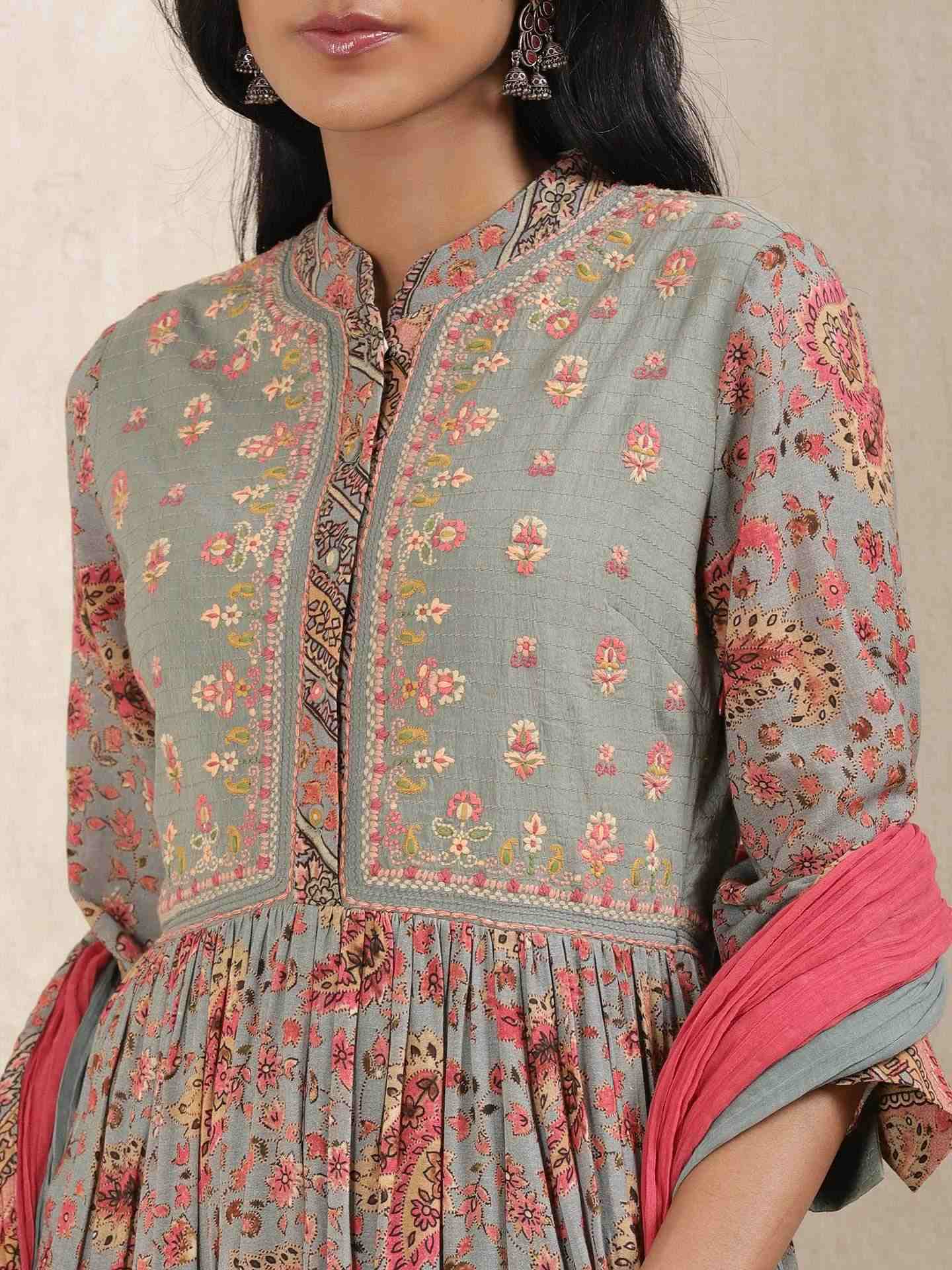 Grey Kanika Anarkali Suit Set