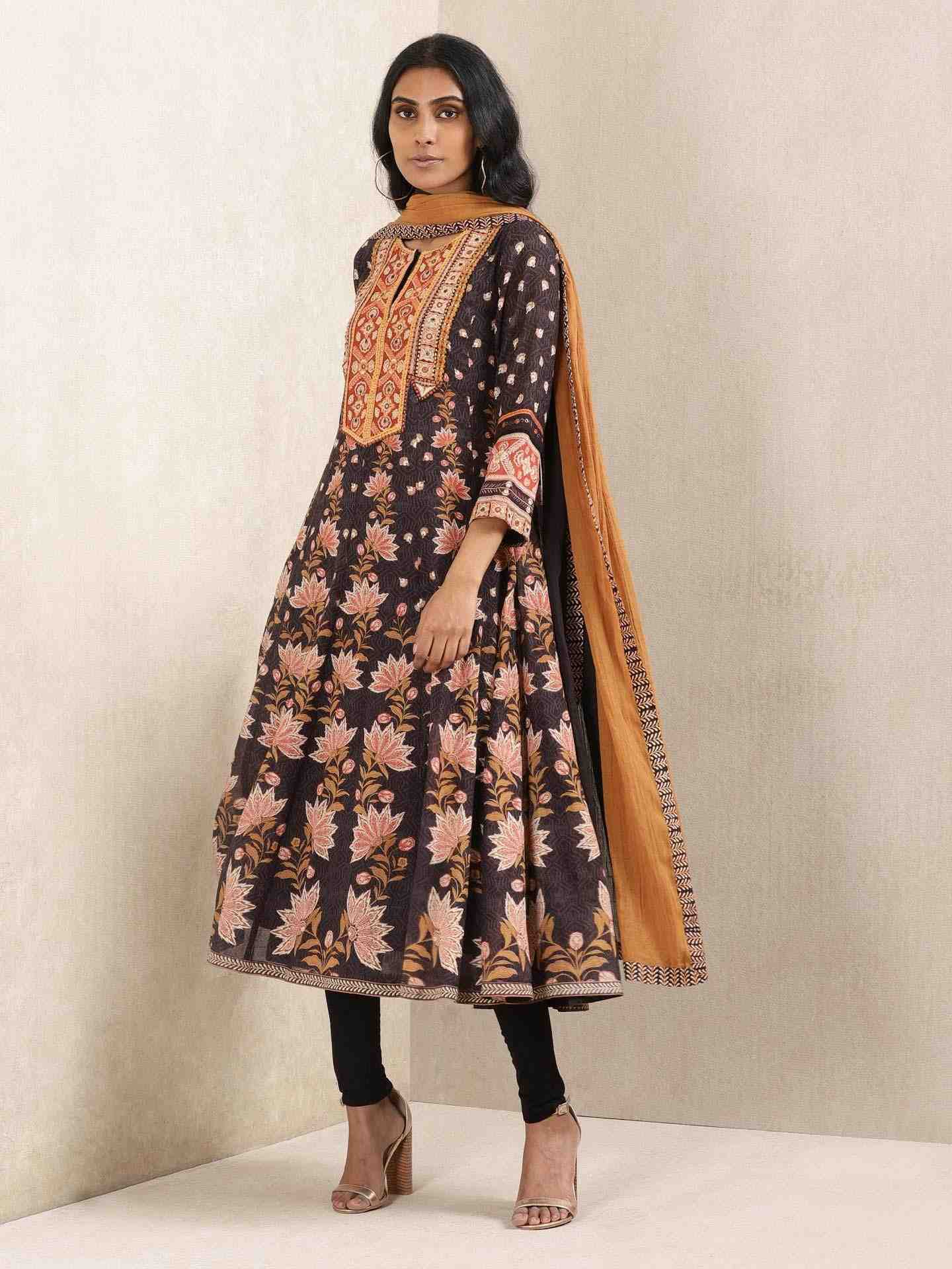 Black Waterfall Anarkali Suit Set