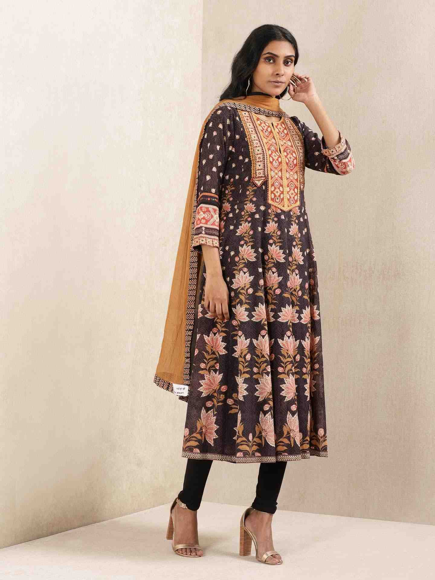 Black Waterfall Anarkali Suit Set