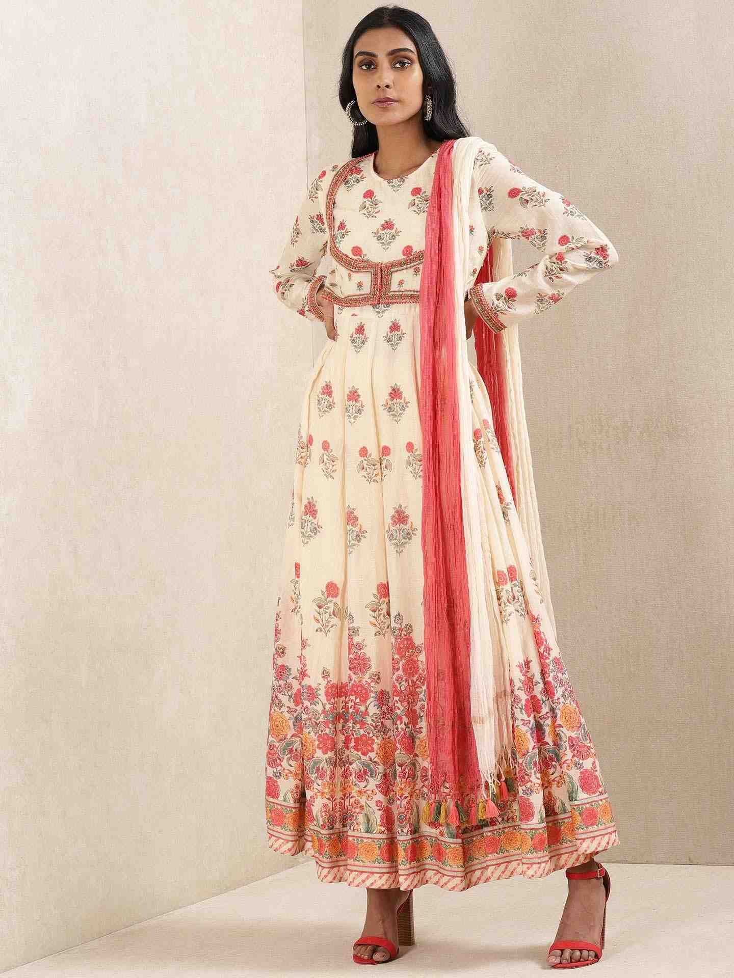 Ecru Keya Layout Anarkali Suit Set