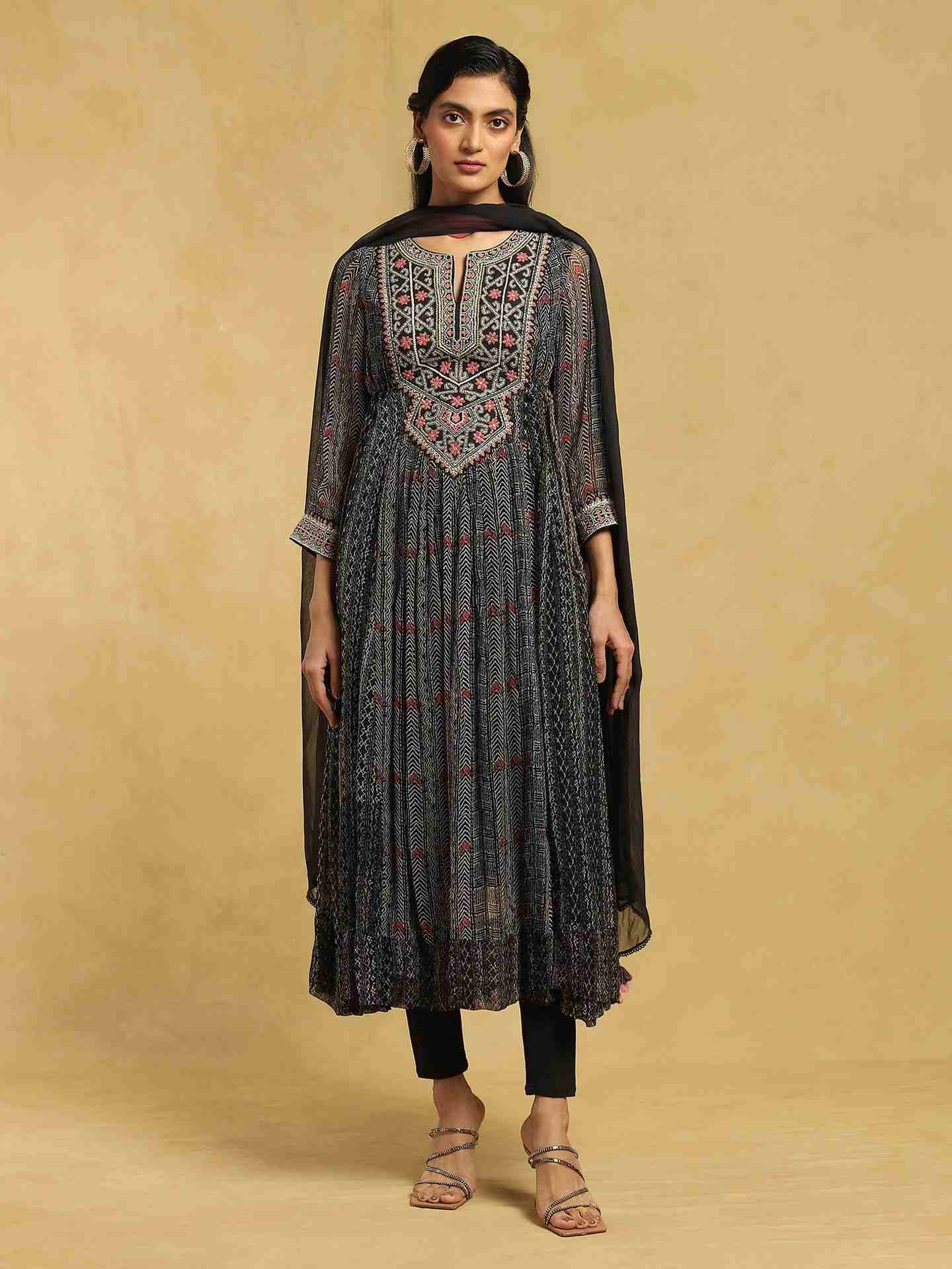 Black Sindh Anarkali Suit Set