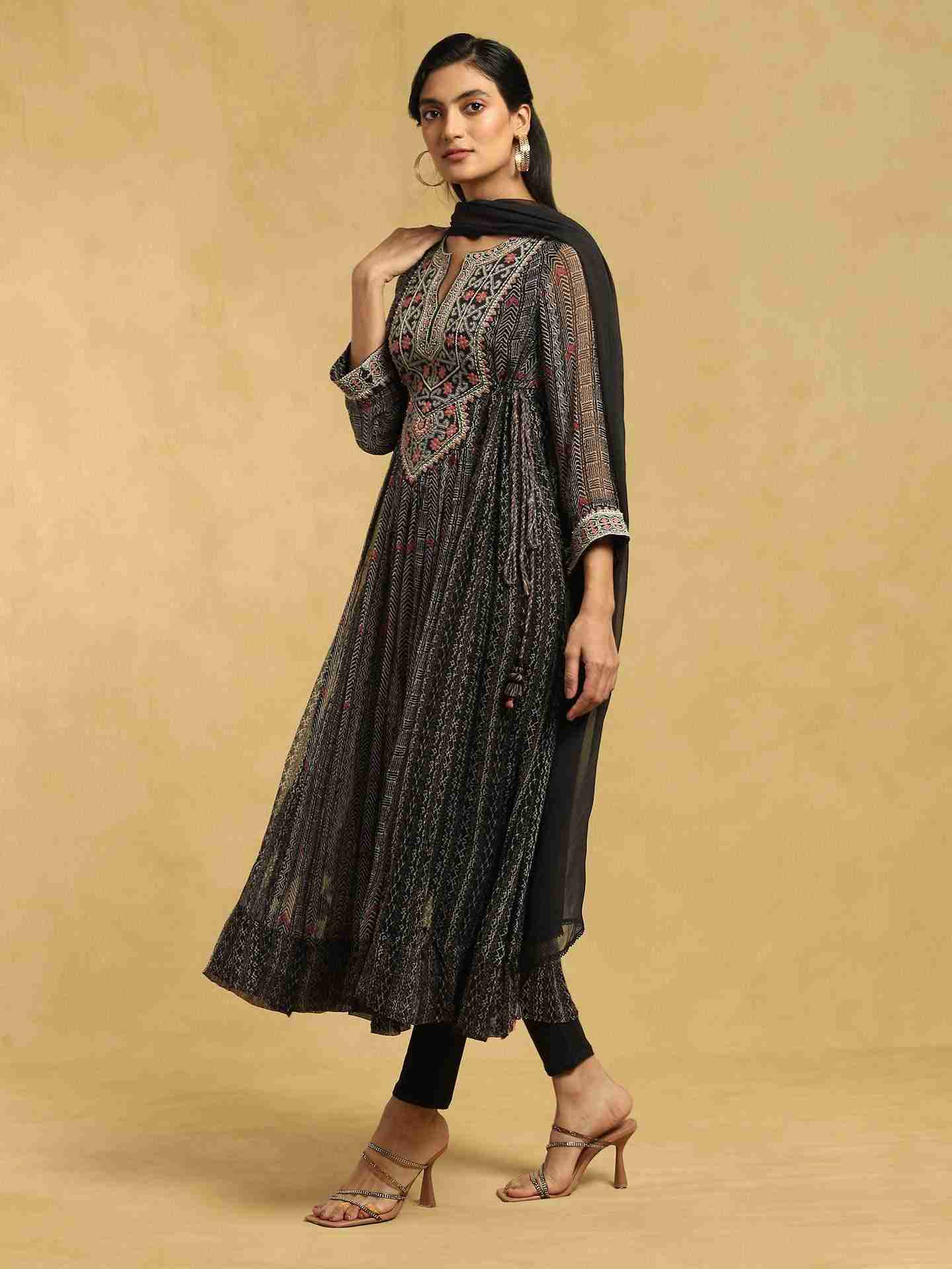 Black Sindh Anarkali Suit Set