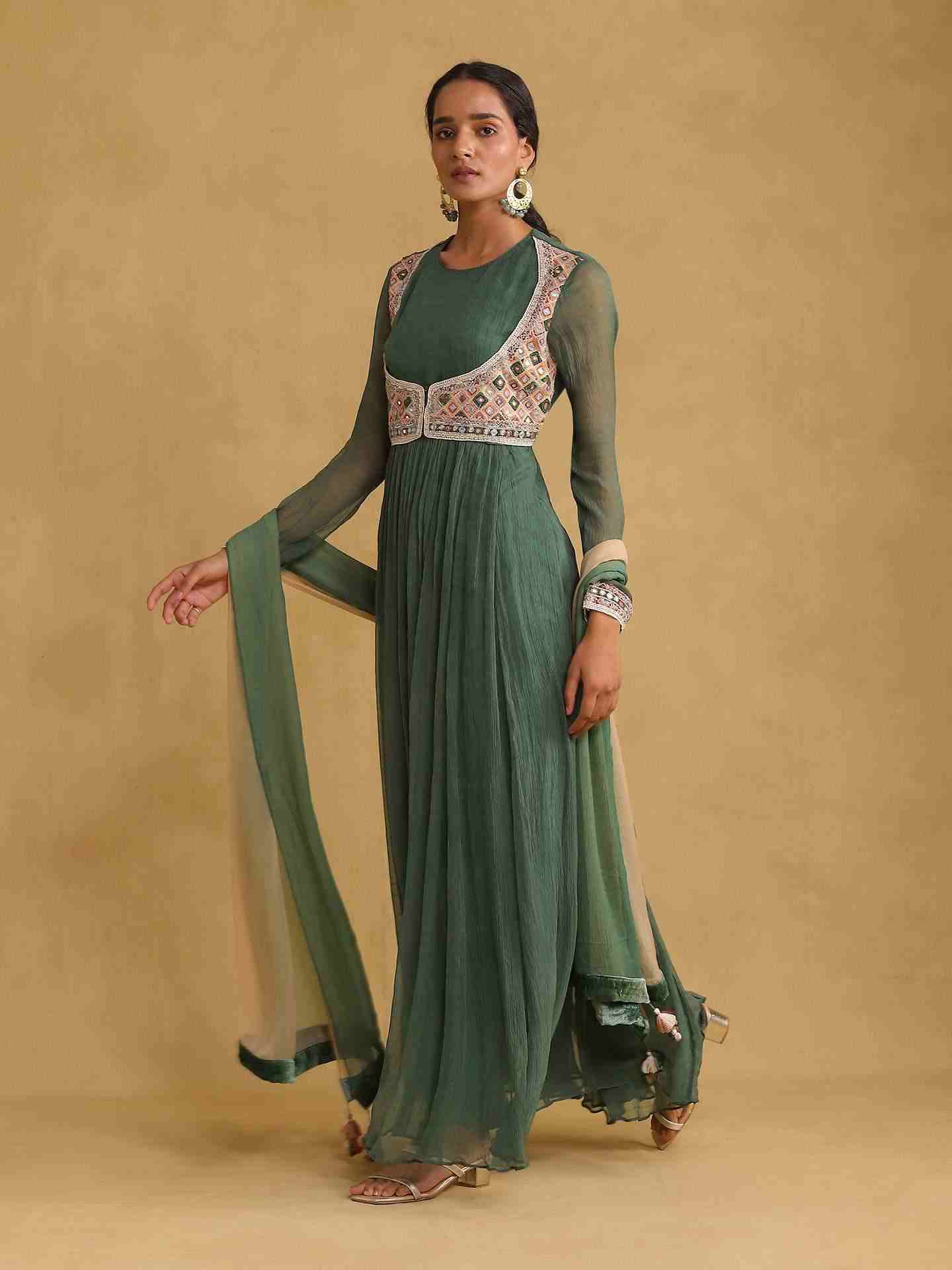 Green Julia Solid Anarkali Suit Set