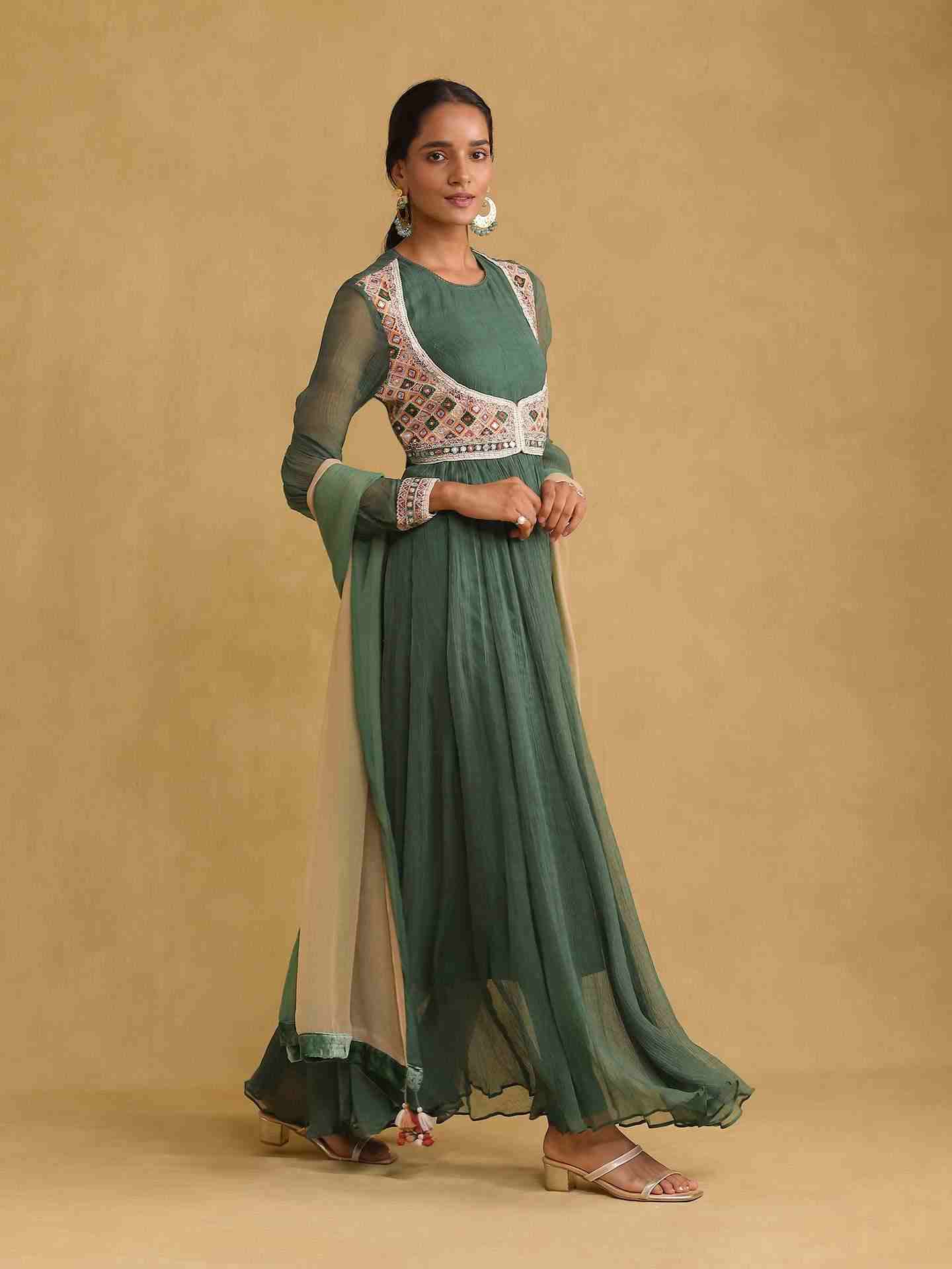 Green Julia Solid Anarkali Suit Set