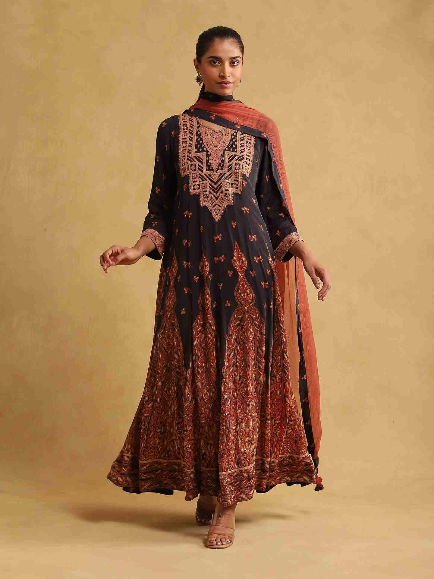 Black Jaitun Crepe Anarkali Suit Set