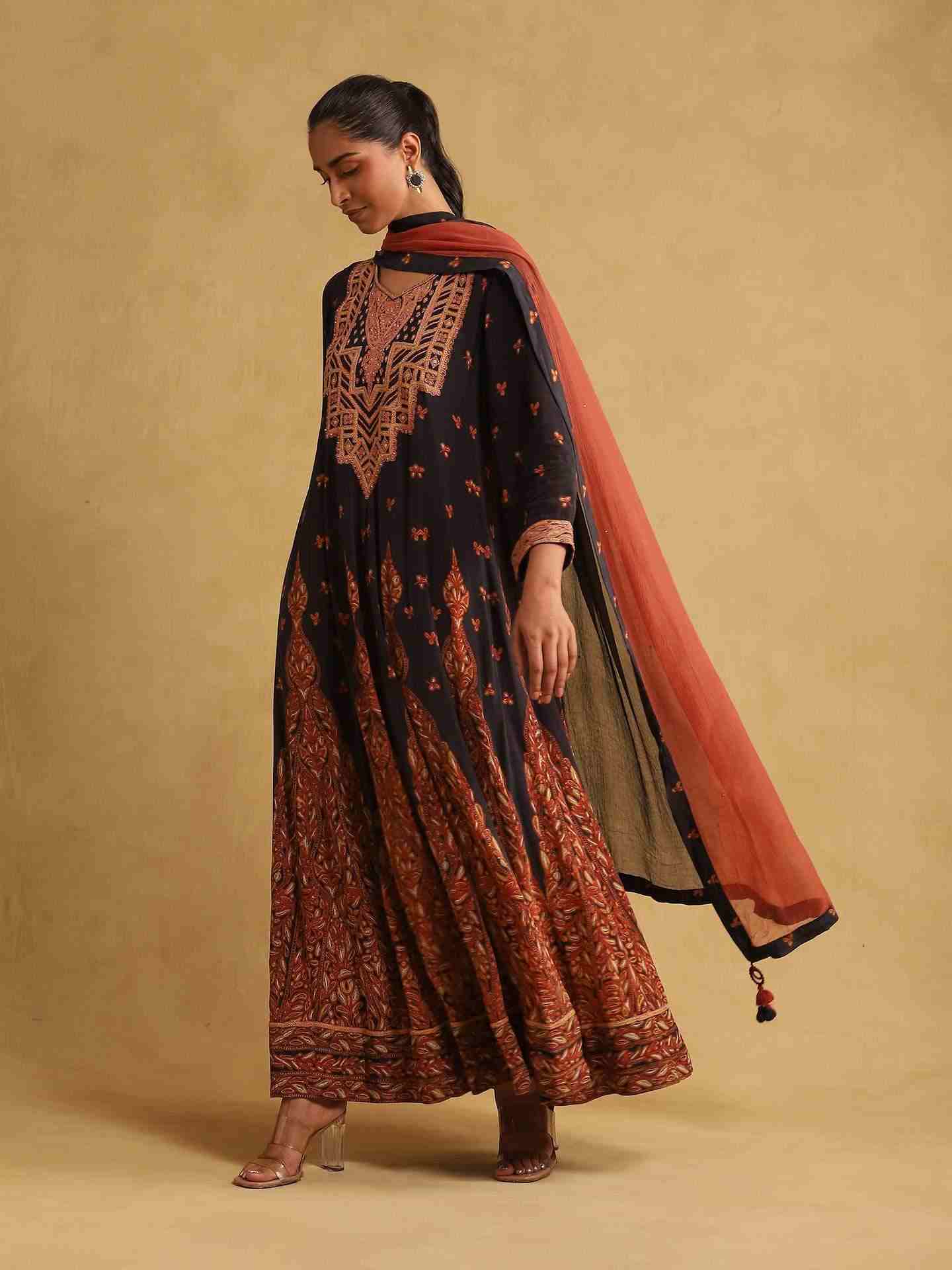 Black Jaitun Crepe Anarkali Suit Set