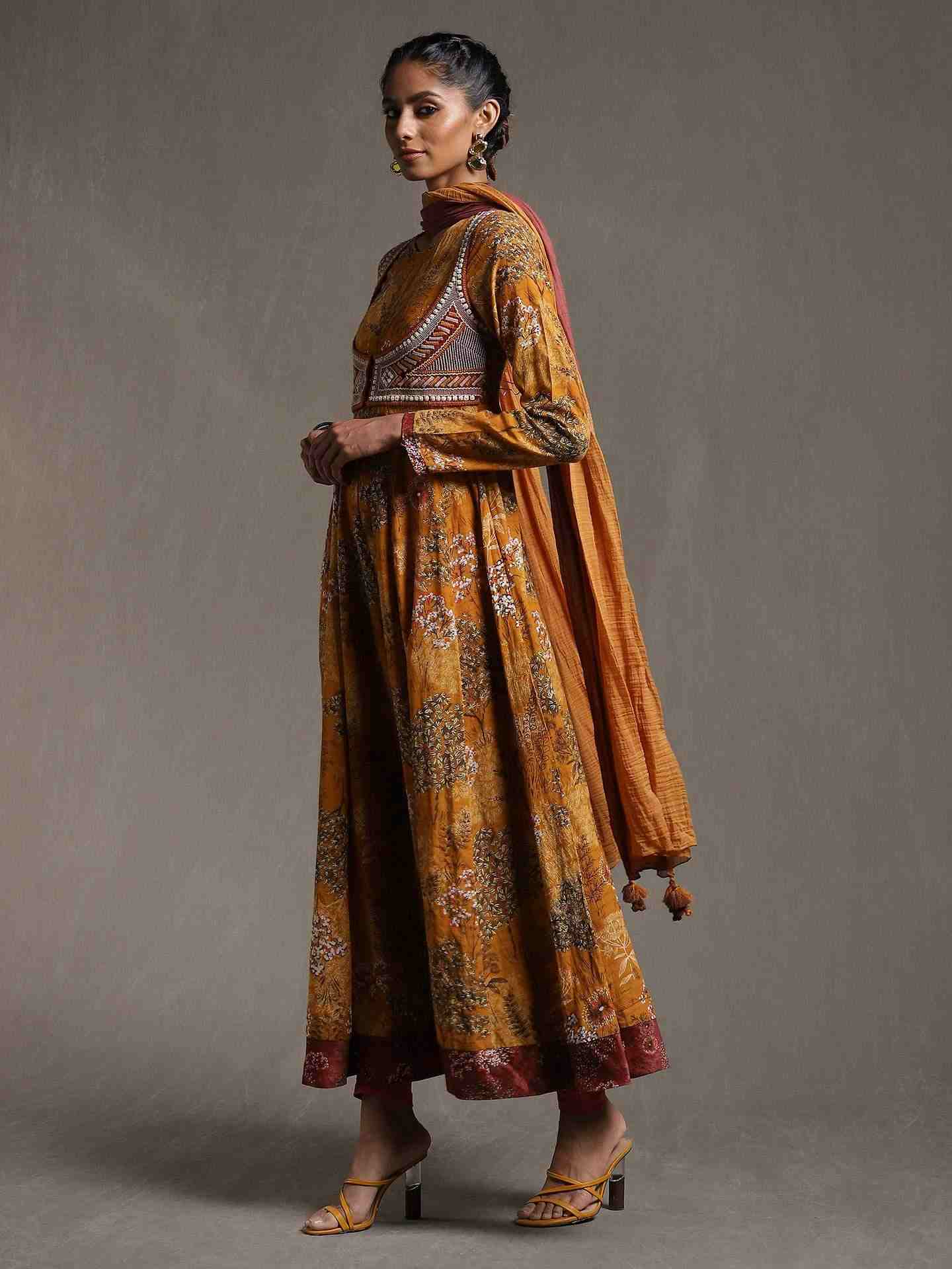Mustard Forest Anarkali Suit Set