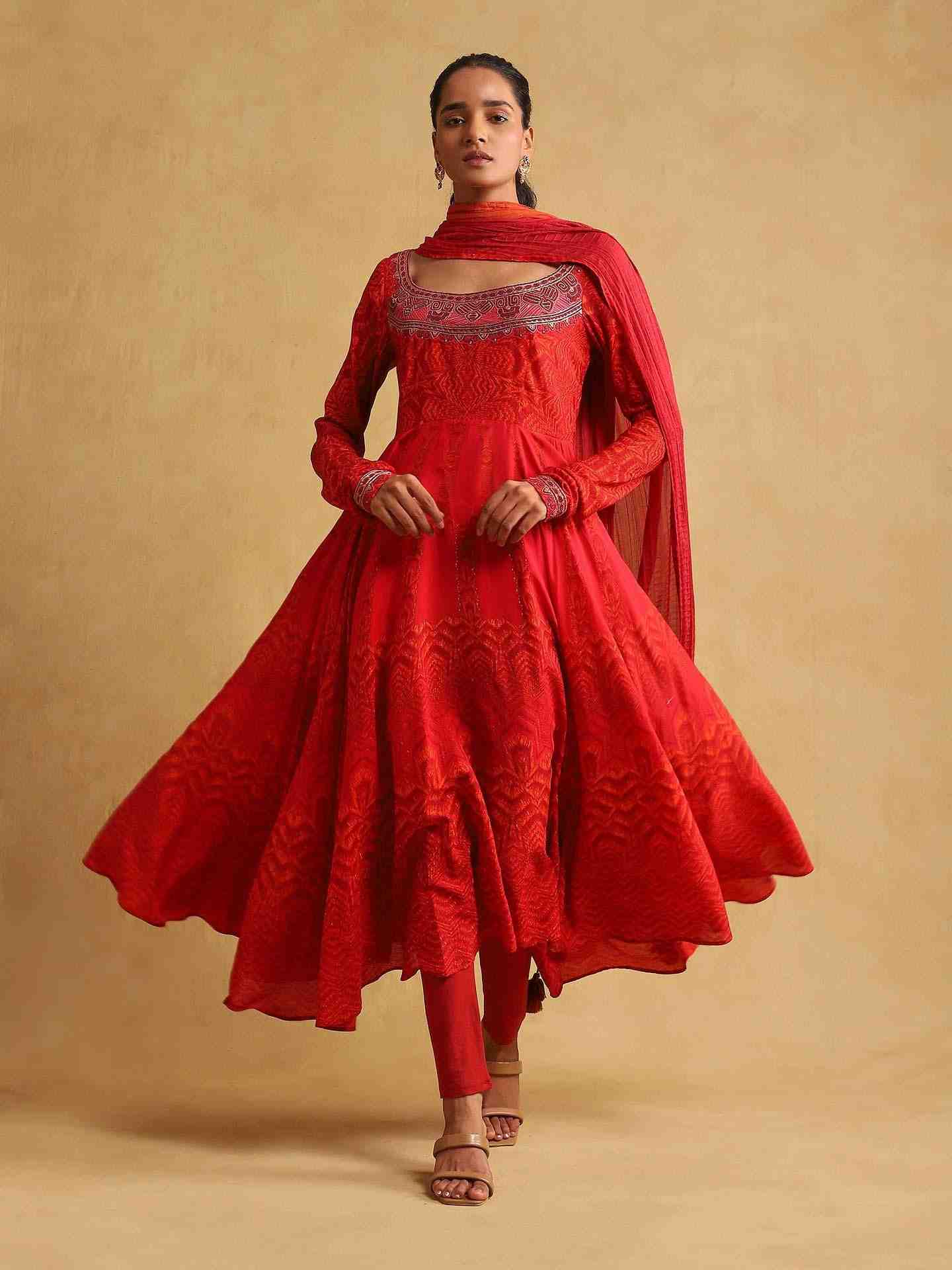 Red Zig Zag Anarkali Suit Set