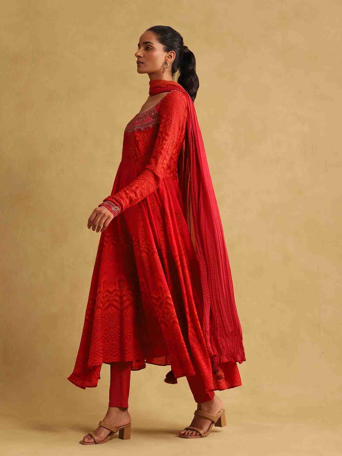 Red Zig Zag Anarkali Suit Set