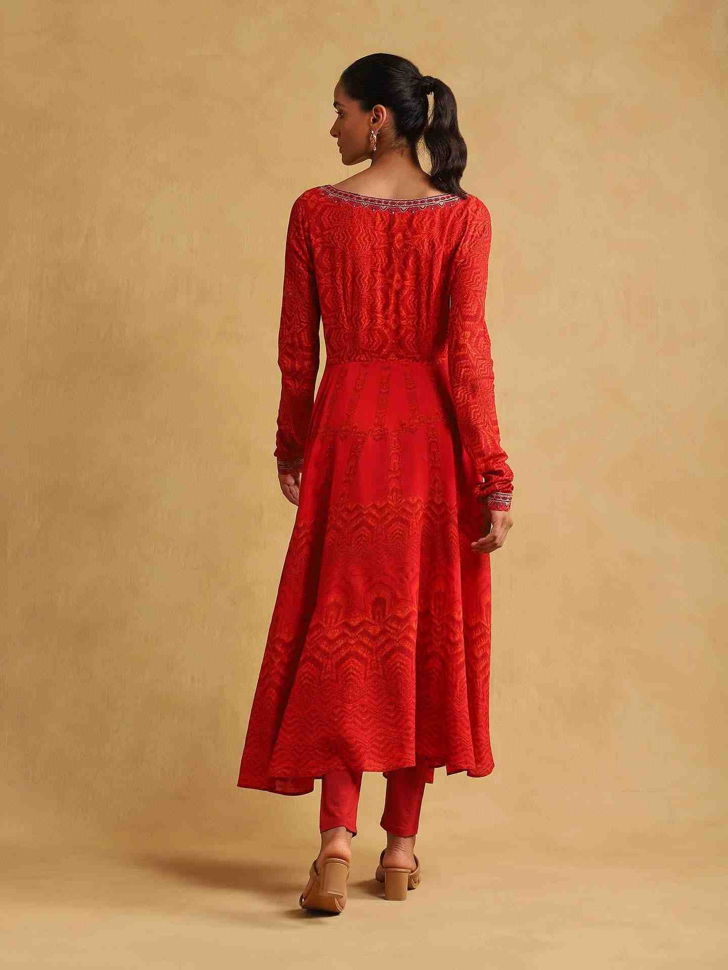 Red Zig Zag Anarkali Suit Set