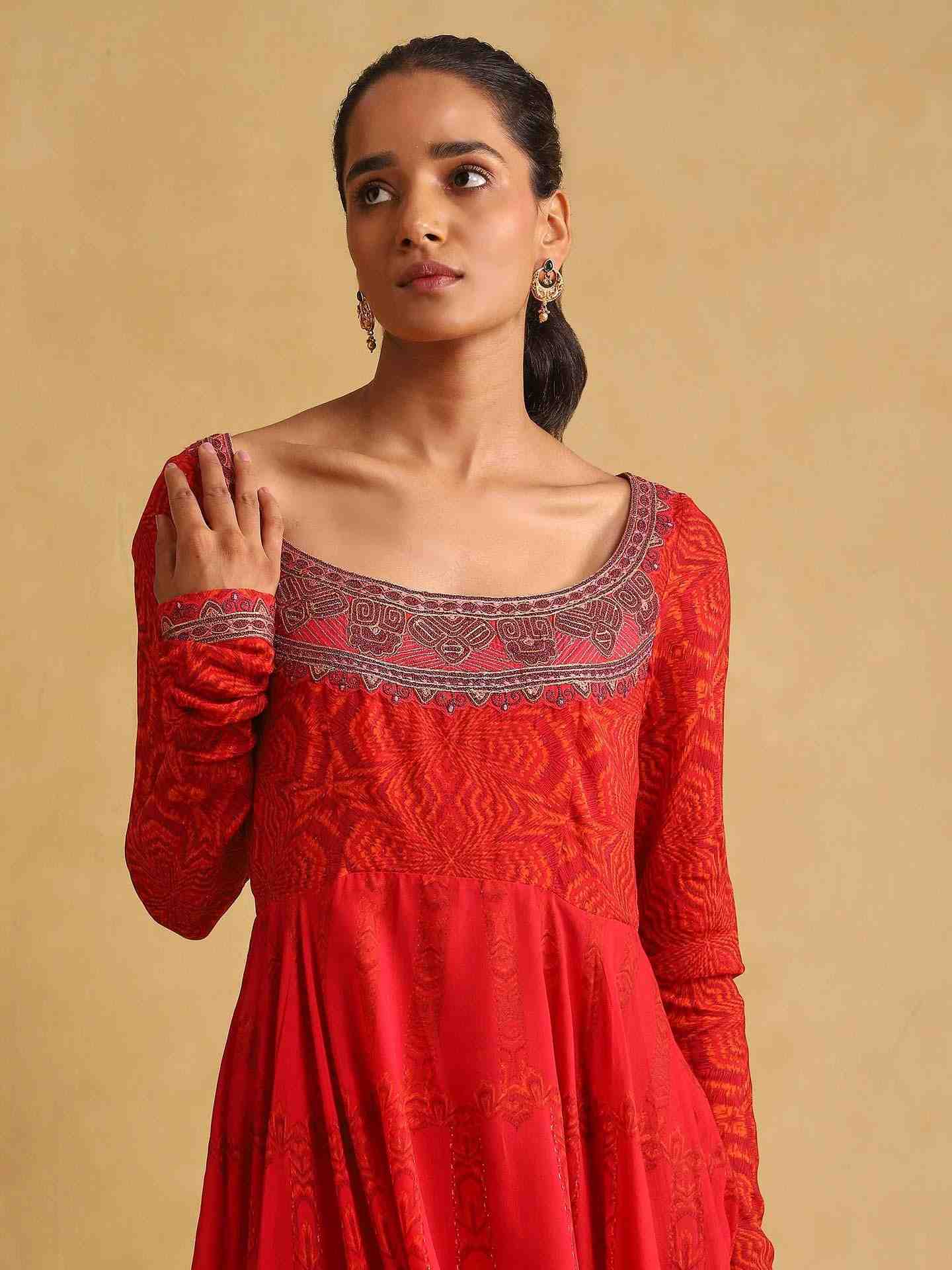 Red Zig Zag Anarkali Suit Set