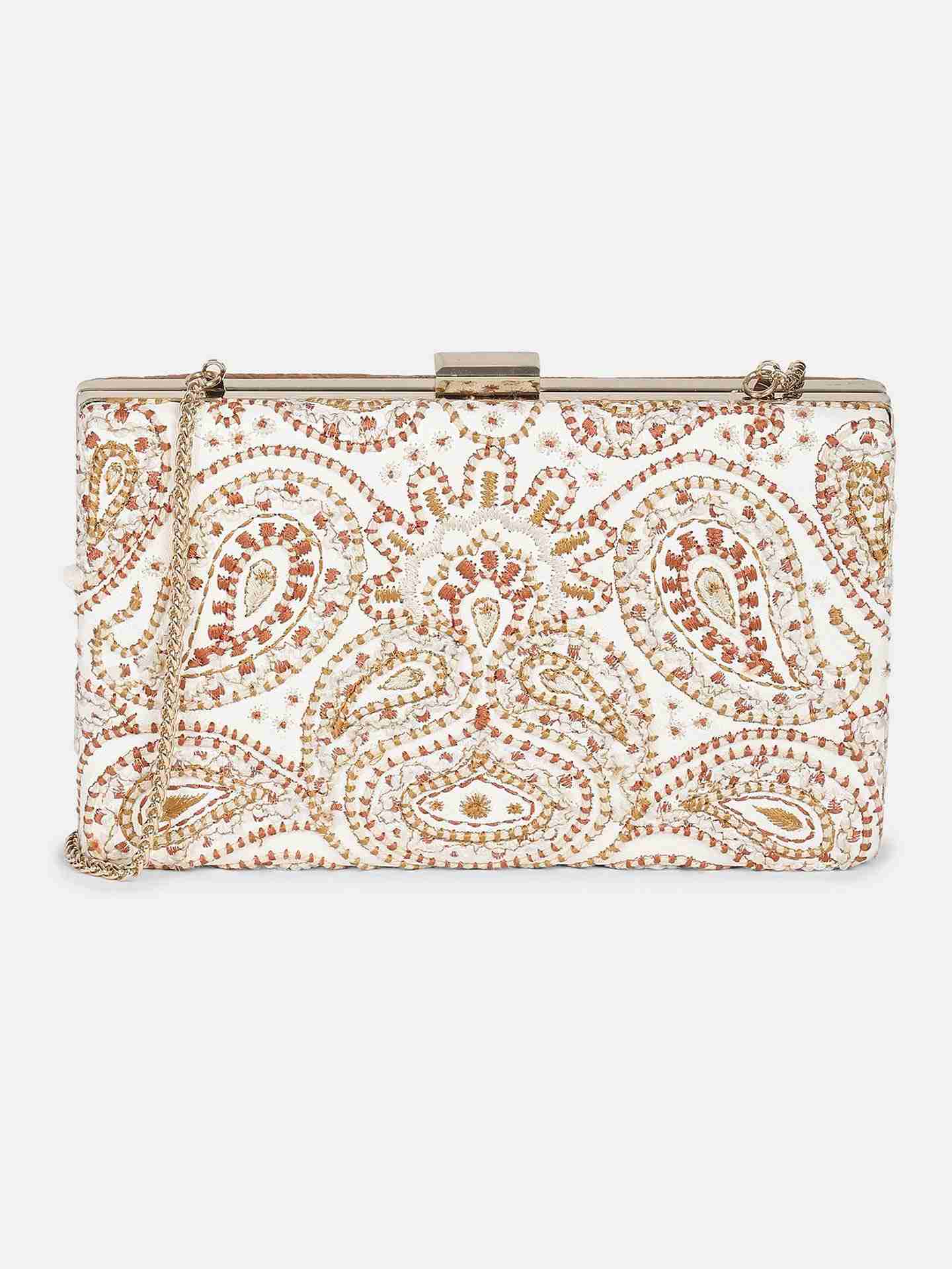 White Paisley Leather Clutch