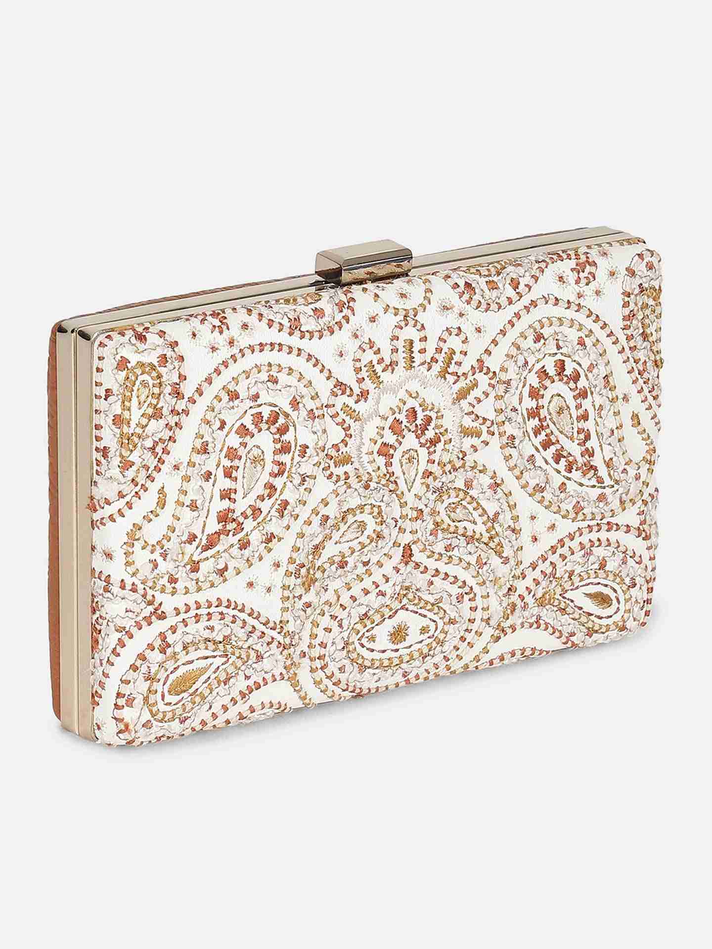 White Paisley Leather Clutch