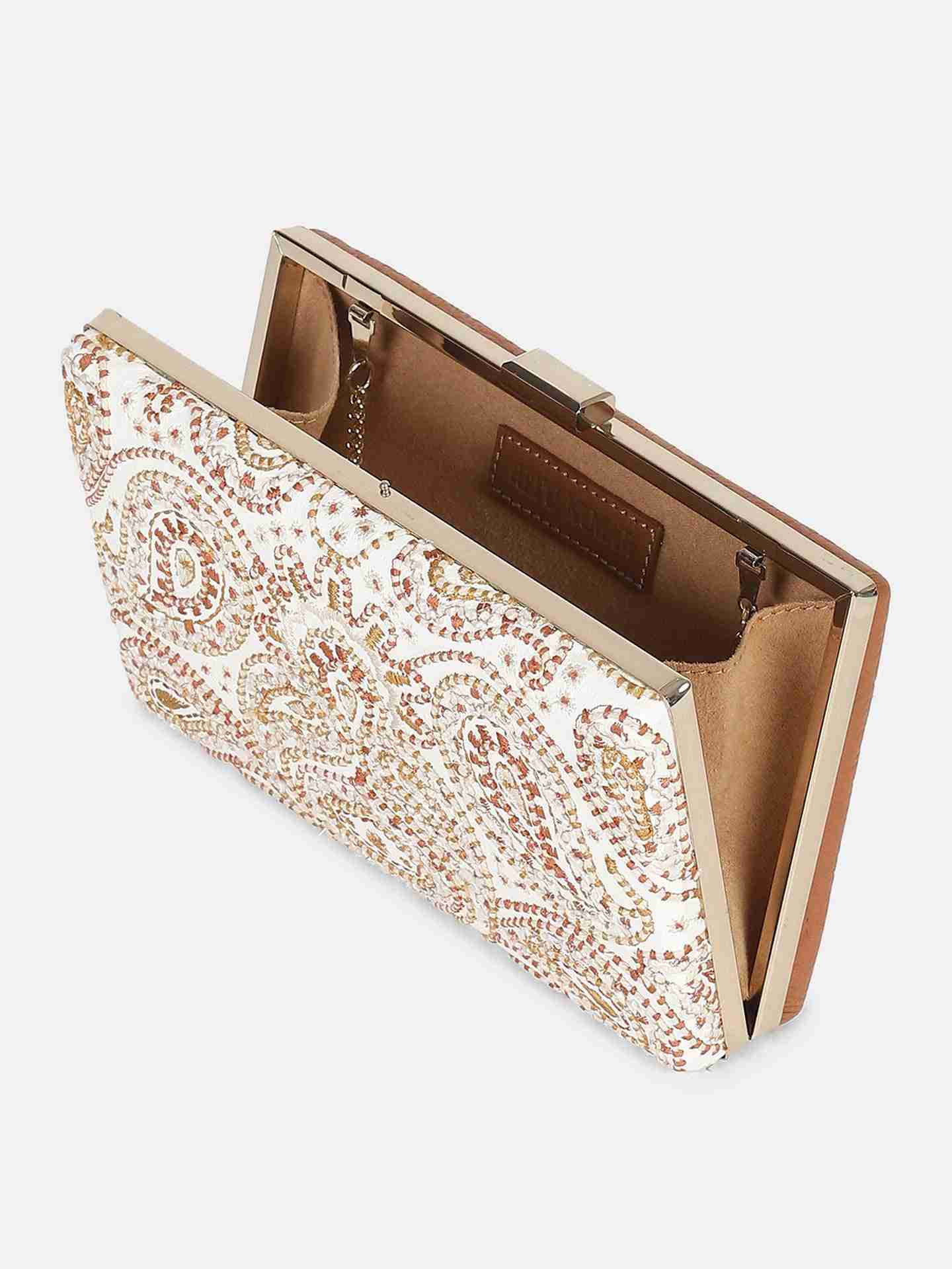 White Paisley Leather Clutch