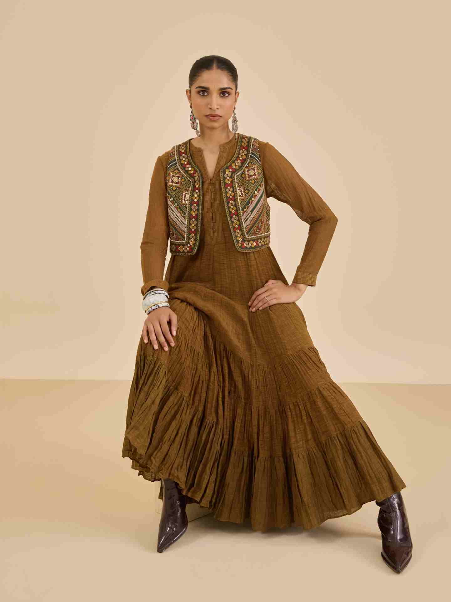 Dark Mustard Ezra Solid  Dress with Gillet