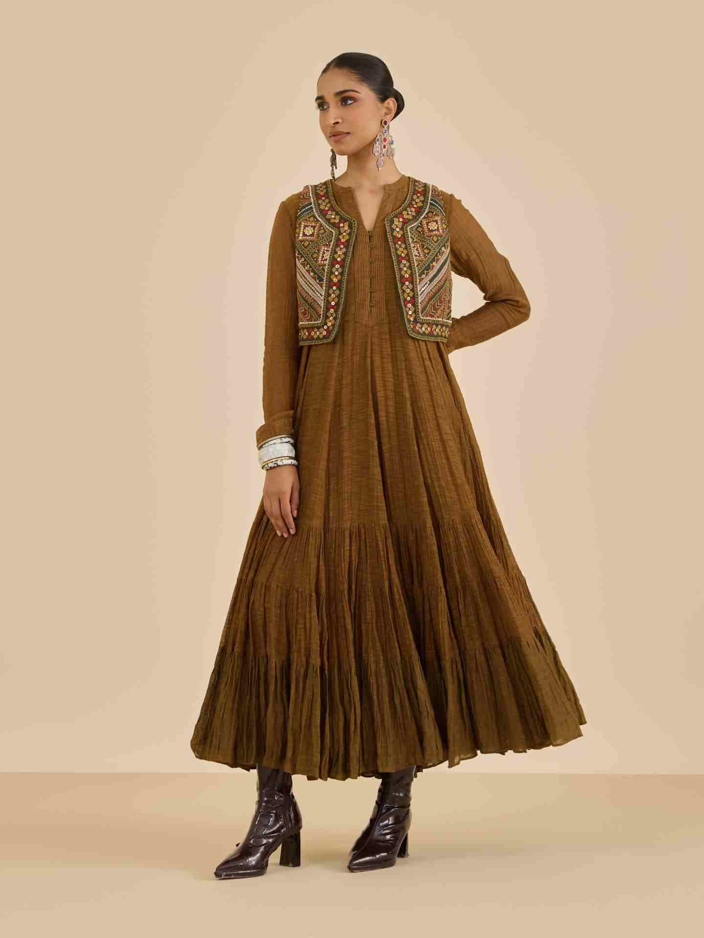 Dark Mustard Ezra Solid  Dress with Gillet