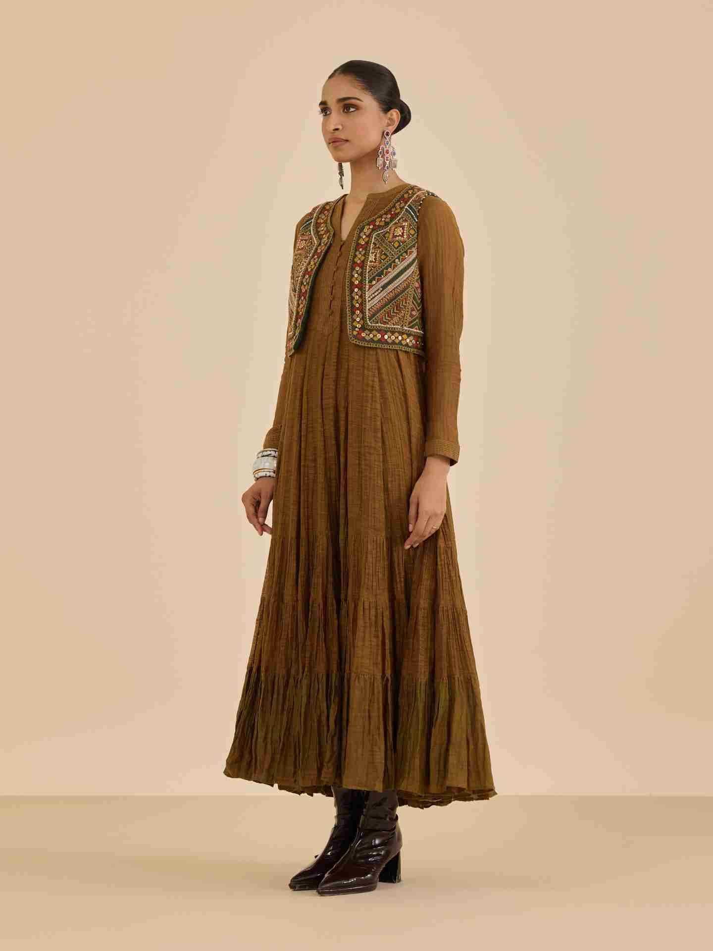 Dark Mustard Ezra Solid  Dress with Gillet