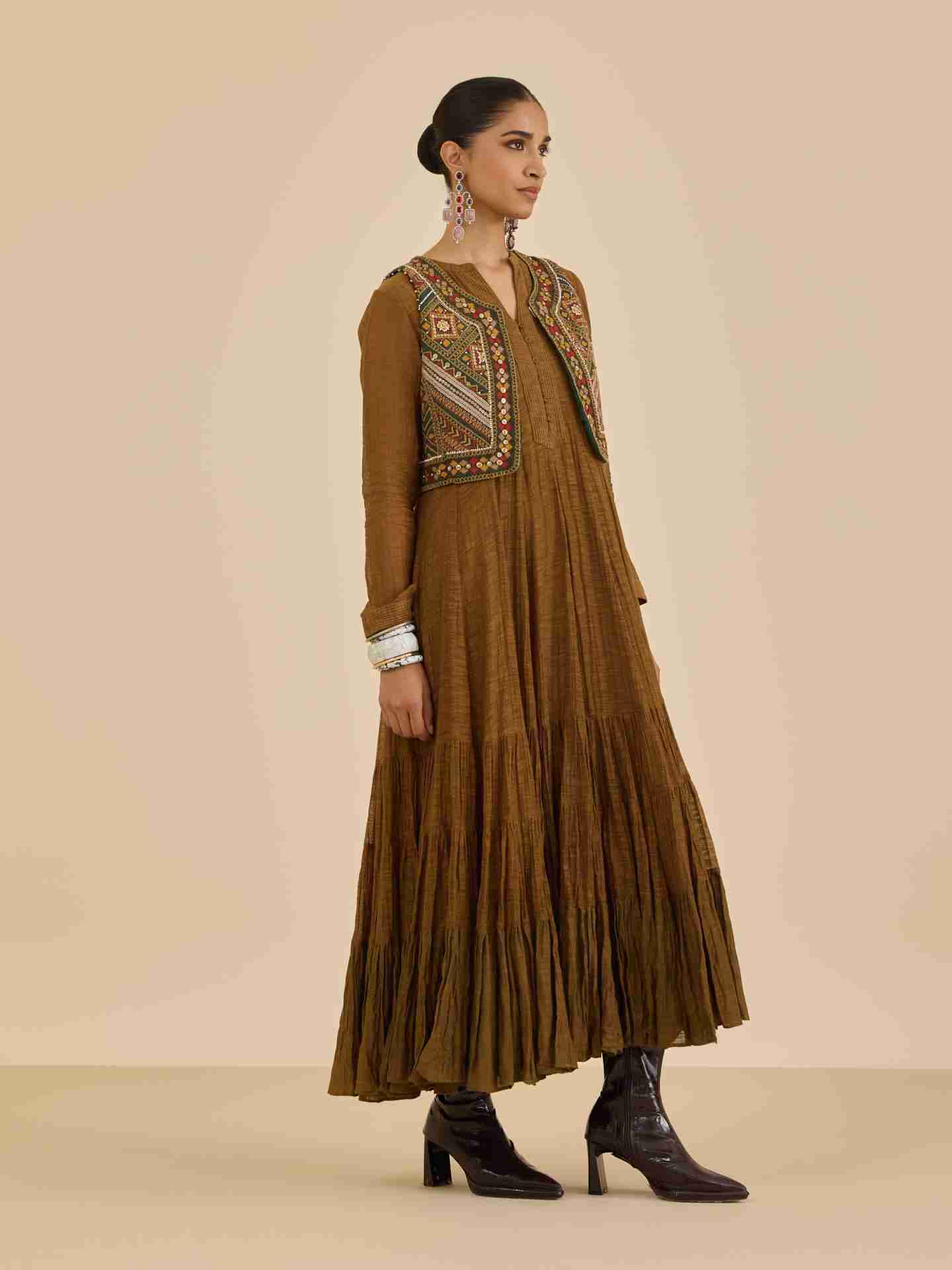 Dark Mustard Ezra Solid  Dress with Gillet