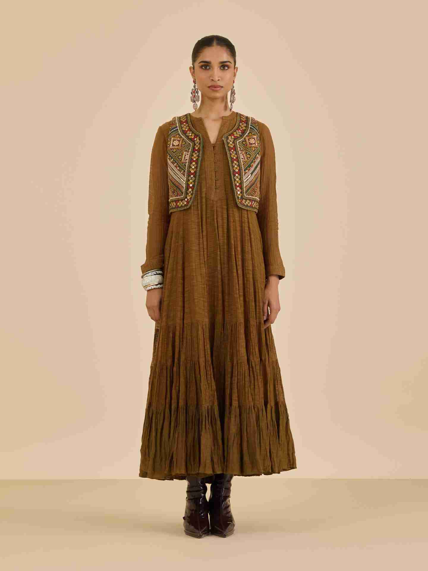 Dark Mustard Ezra Solid  Dress with Gillet