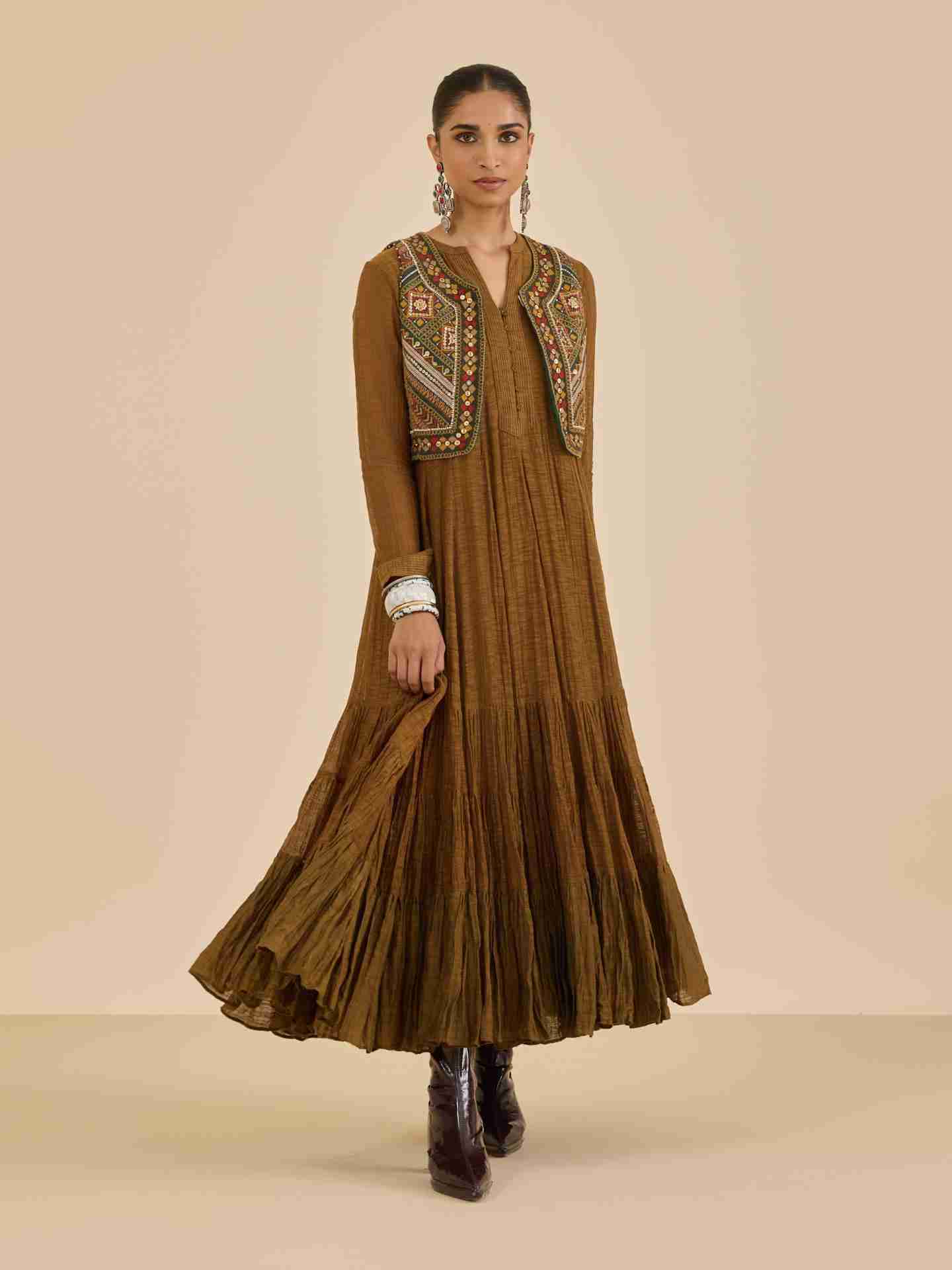 Dark Mustard Ezra Solid  Dress with Gillet