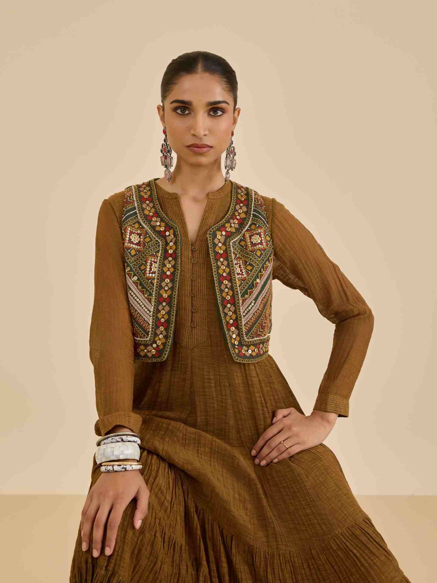 Dark Mustard Ezra Solid  Dress with Gillet