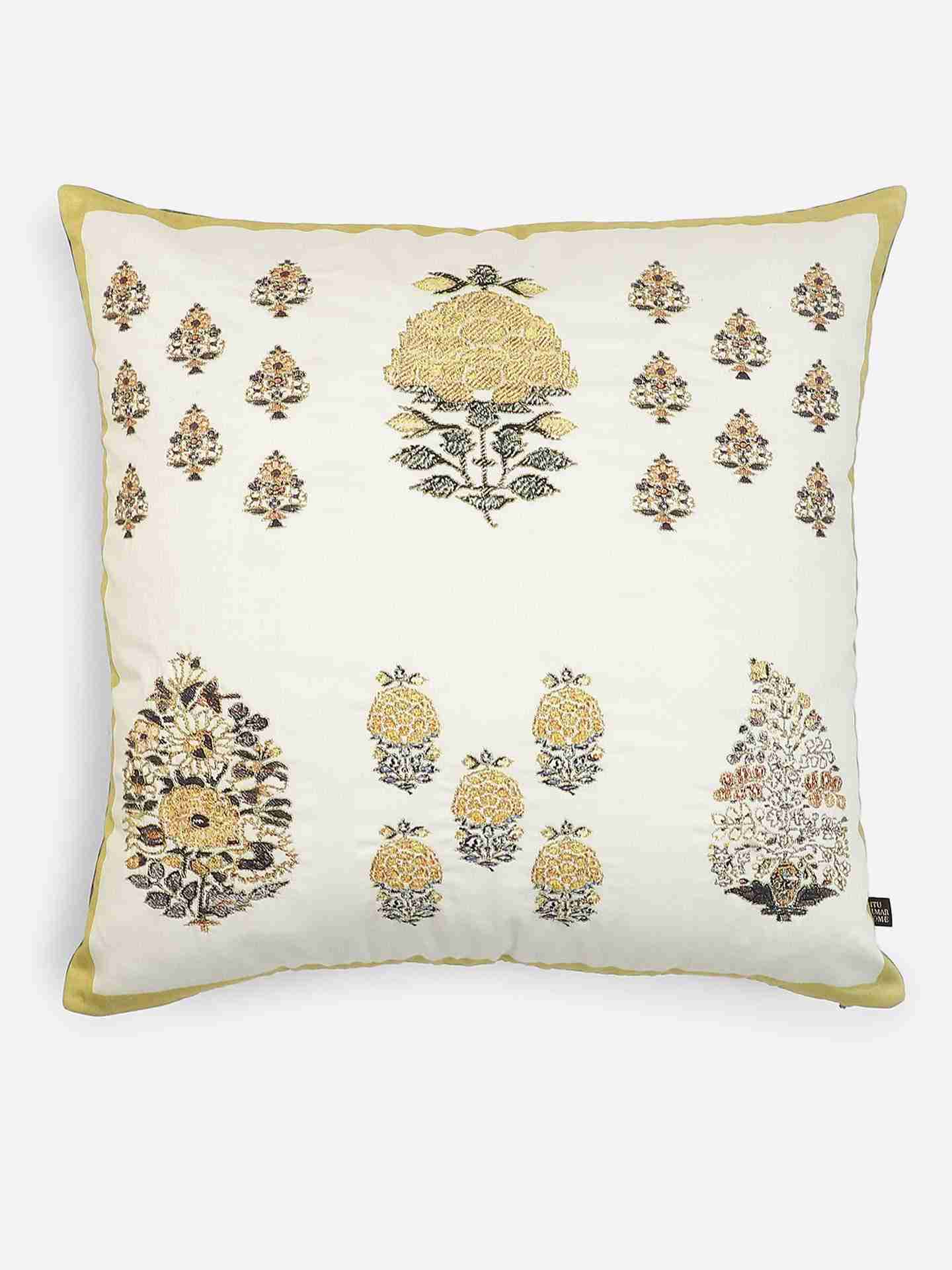 Yellow Kashmiri Booti Cotton Cushion