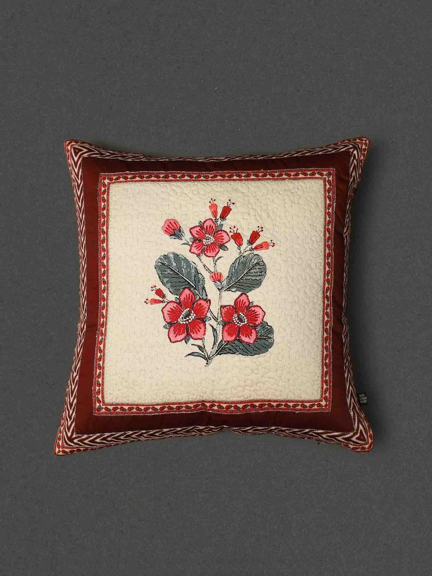 Ecru & Red Flora Cotton Cushion Cover