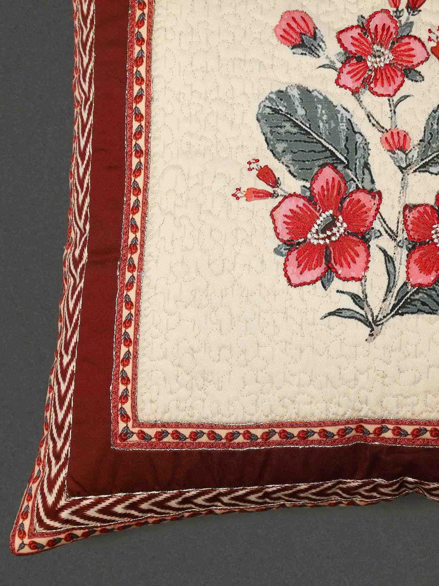 Ecru & Red Flora Cotton Cushion Cover