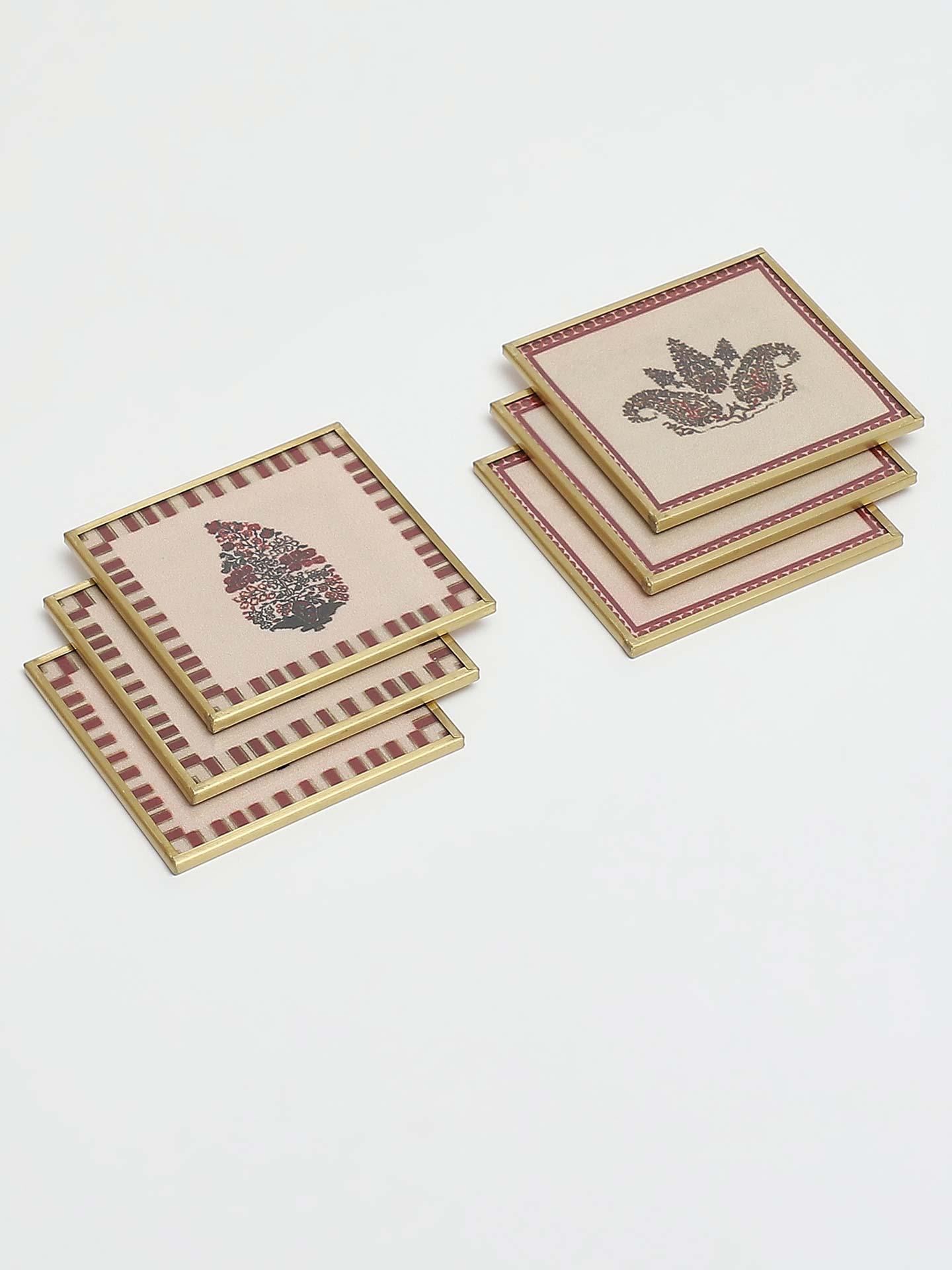 Beige Kashmiri Booti Coasters (Set Of 6)