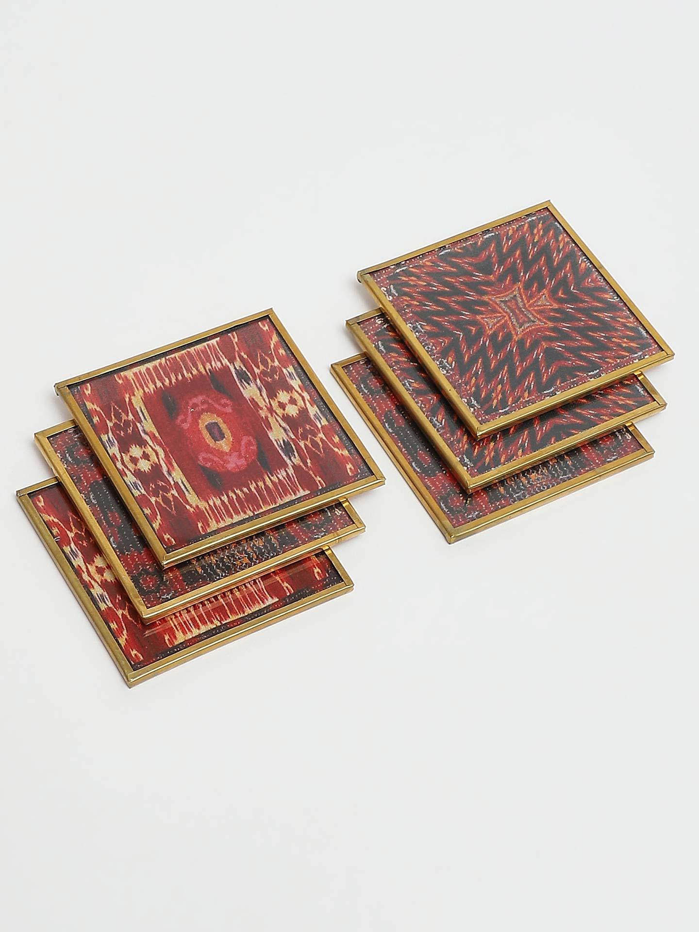 Red Ikkat Coasters (Set Of 6)