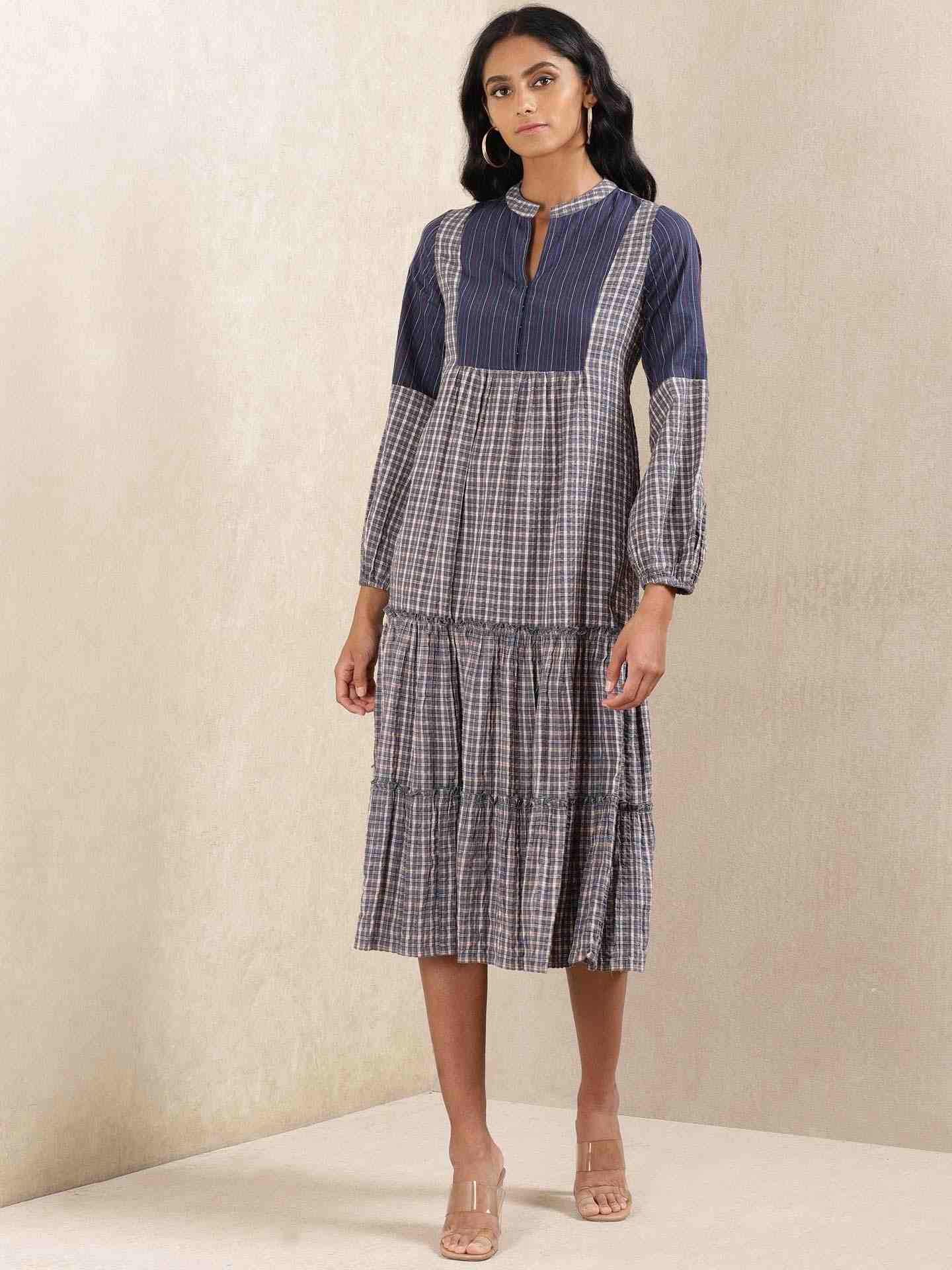 Blue Quint Yarn-Dyed Cotton Tiered Dress