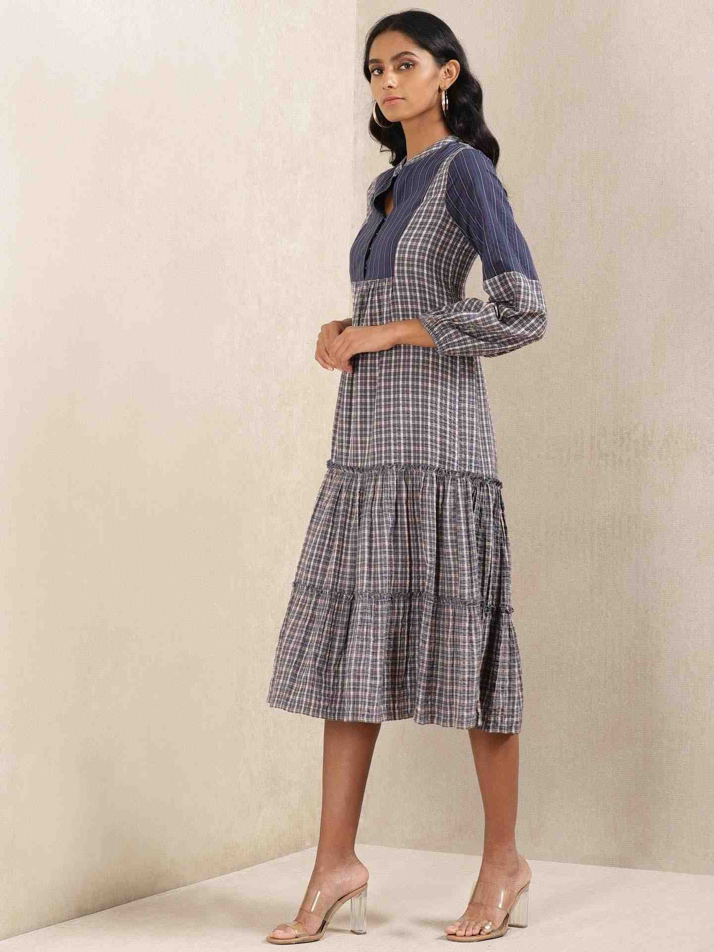 Blue Quint Yarn-Dyed Cotton Tiered Dress