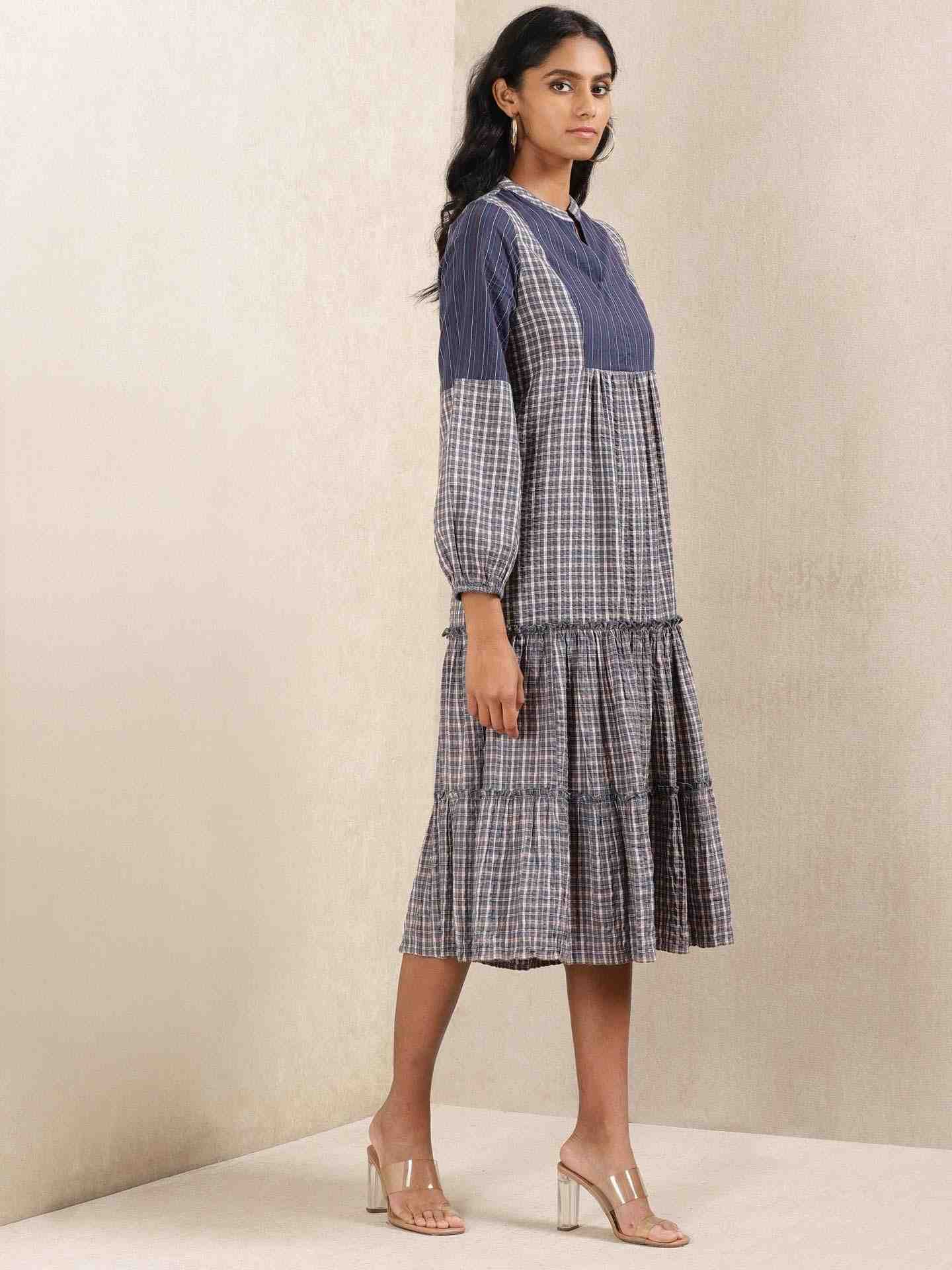 Blue Quint Yarn-Dyed Cotton Tiered Dress