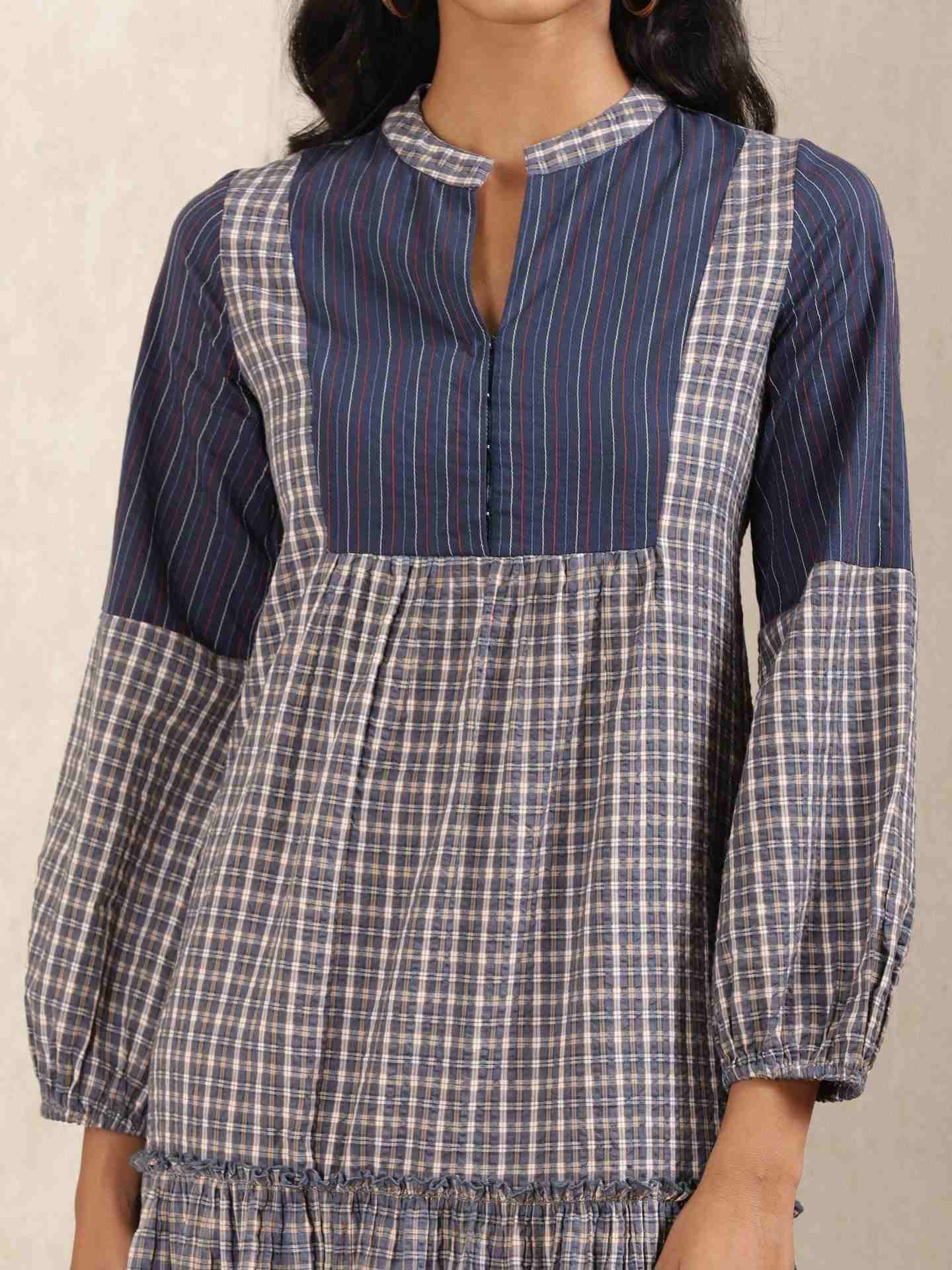 Blue Quint Yarn-Dyed Cotton Tiered Dress