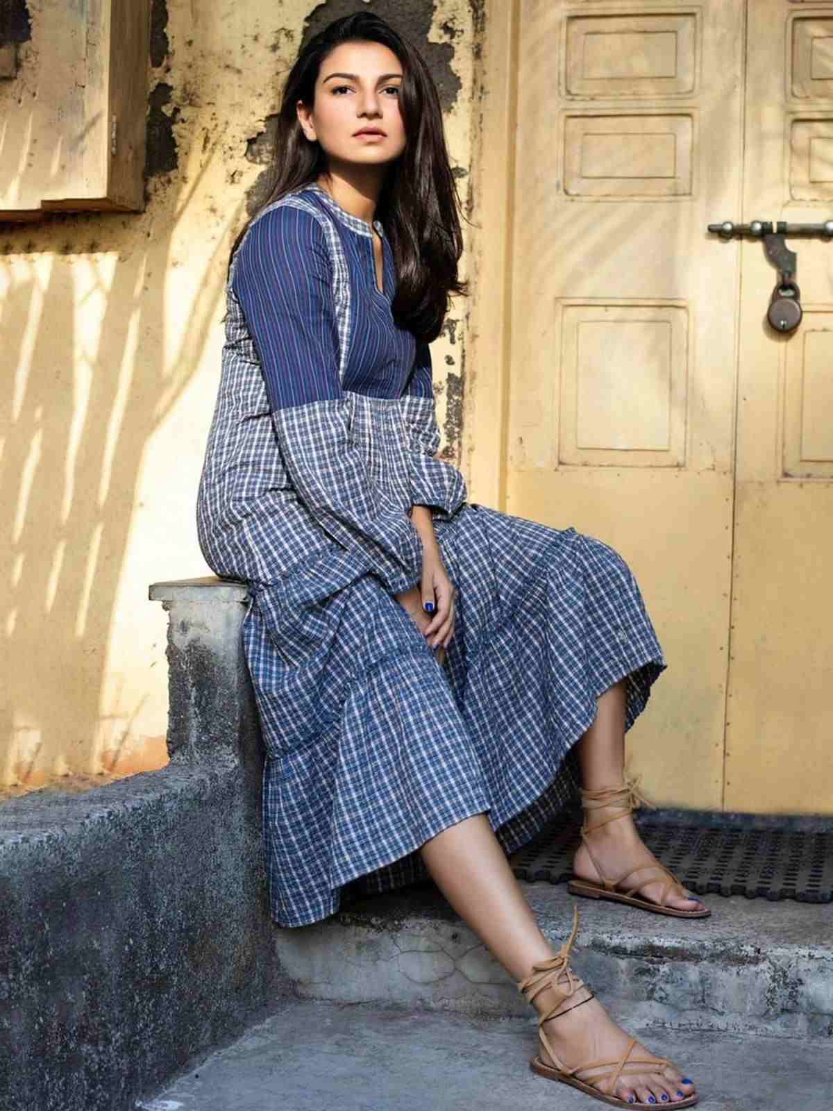 Blue Quint Yarn-Dyed Cotton Tiered Dress