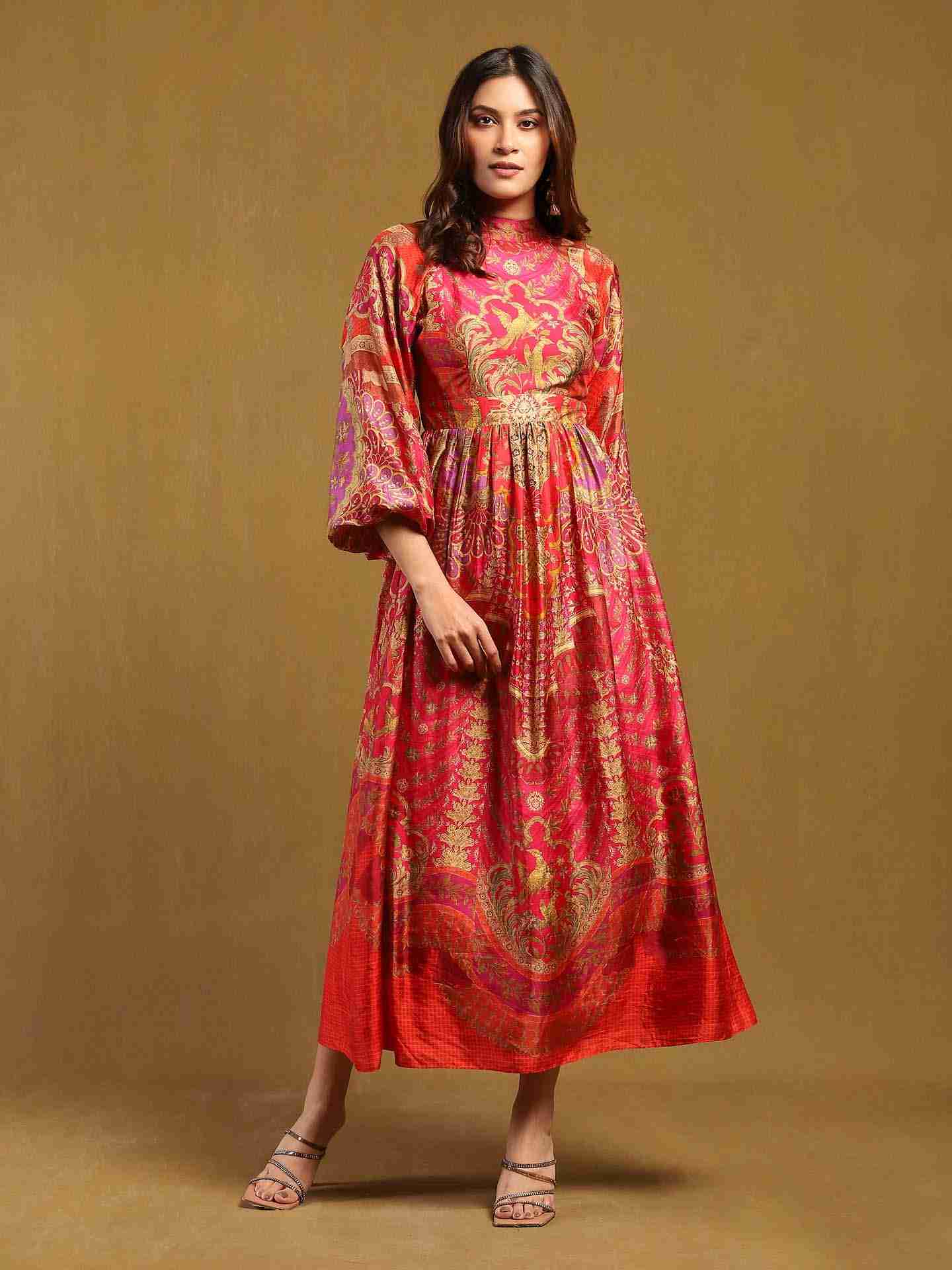 ritu kumar designer dresses Beige cotton printed long dress