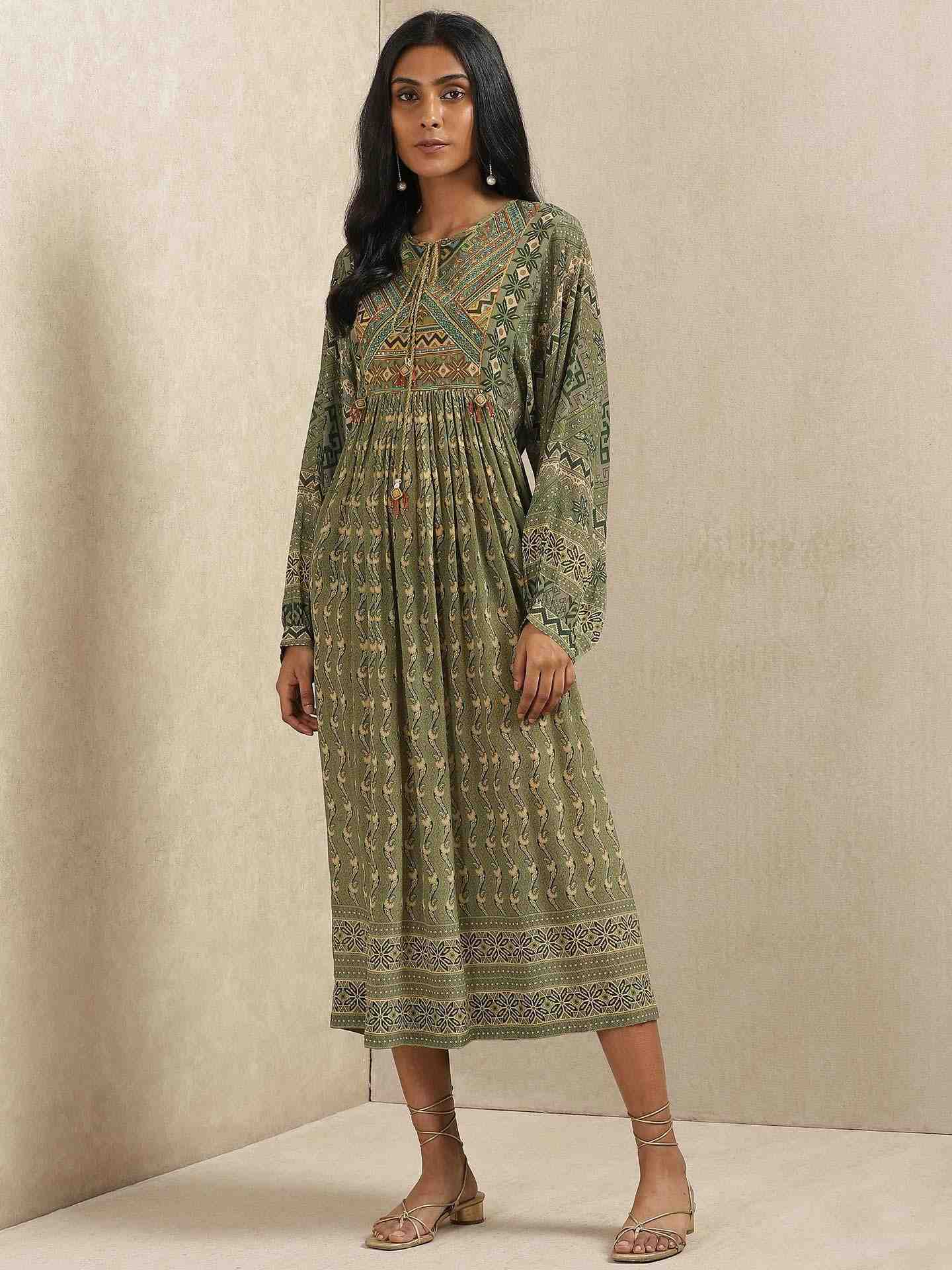 Olive Green & Beige Salya Crepe Kaftan Dress