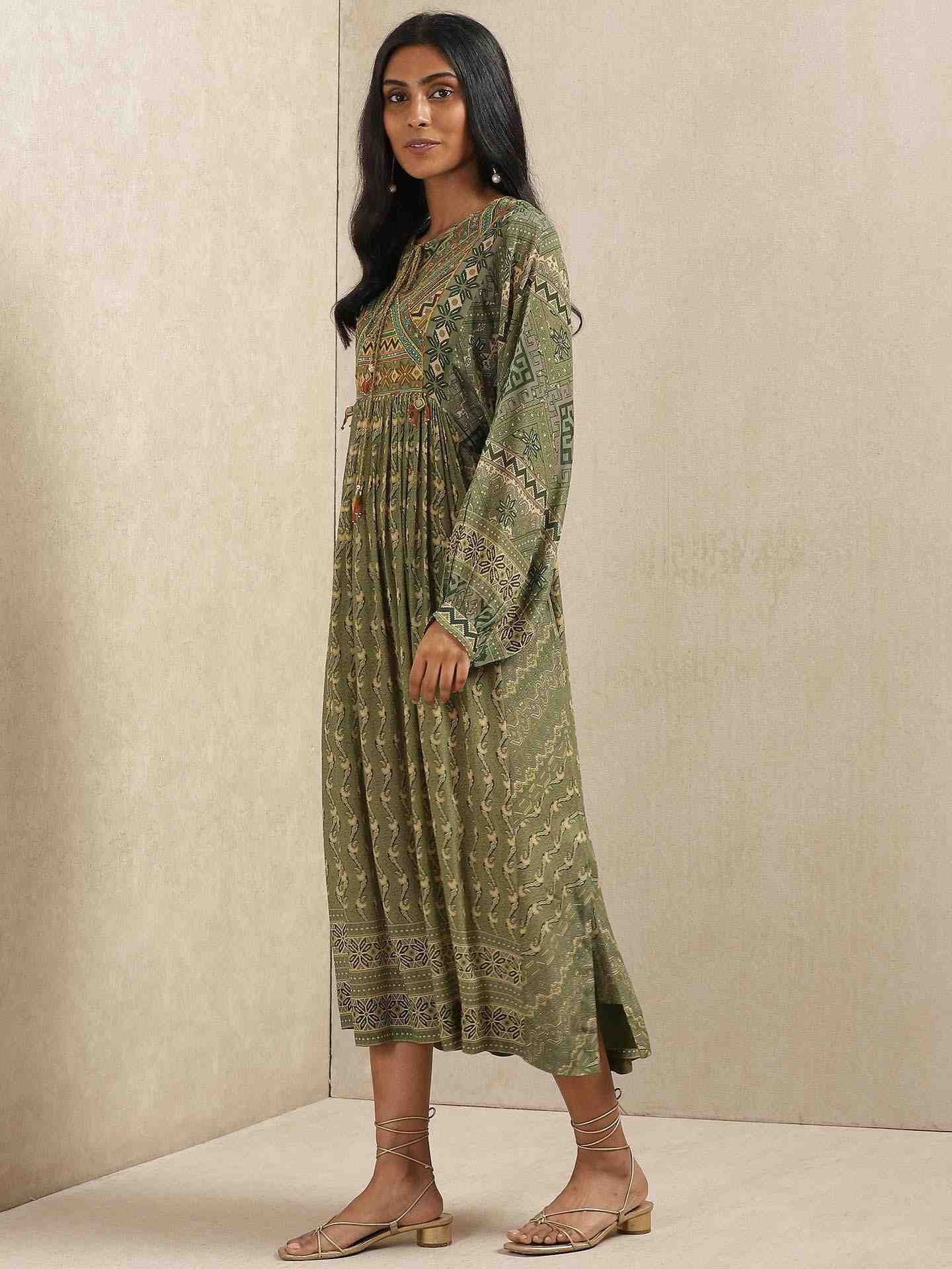 Olive Green & Beige Salya Crepe Kaftan Dress