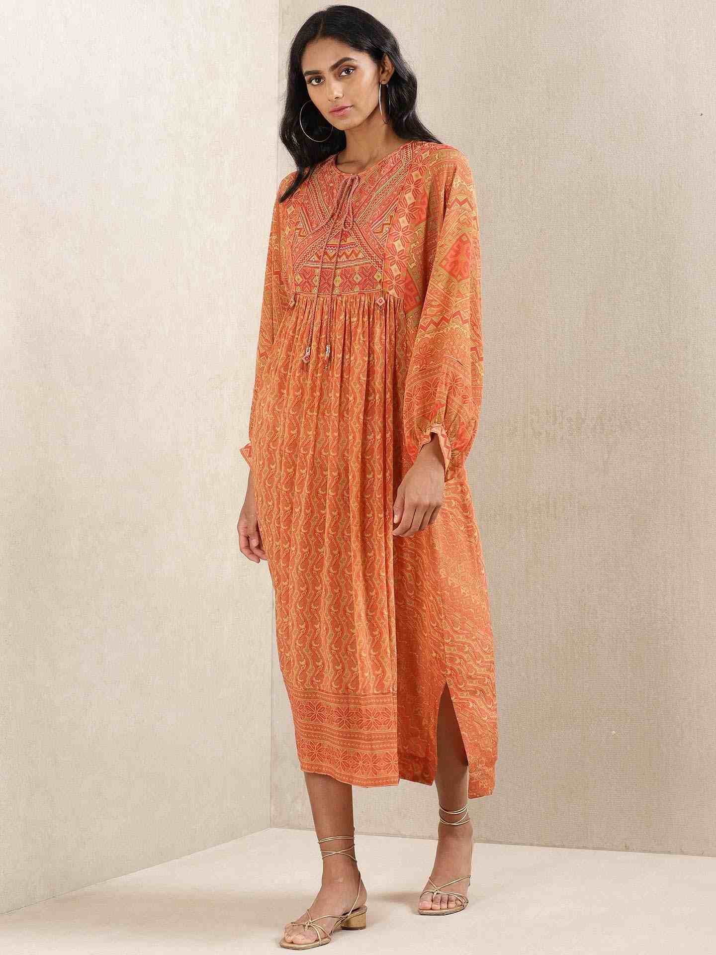 Rust & Beige Salya Crepe Kaftan Dress