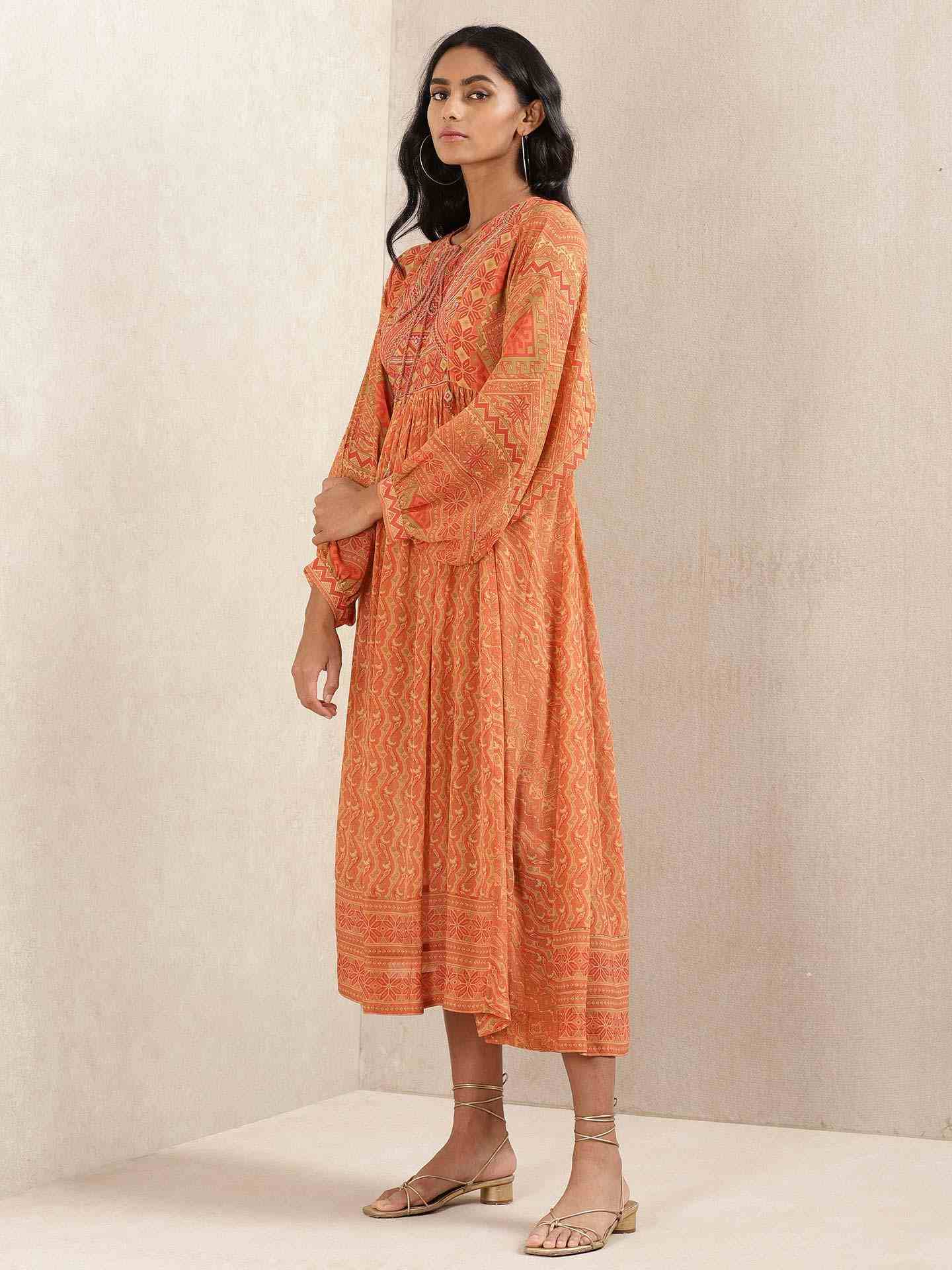 Rust & Beige Salya Crepe Kaftan Dress