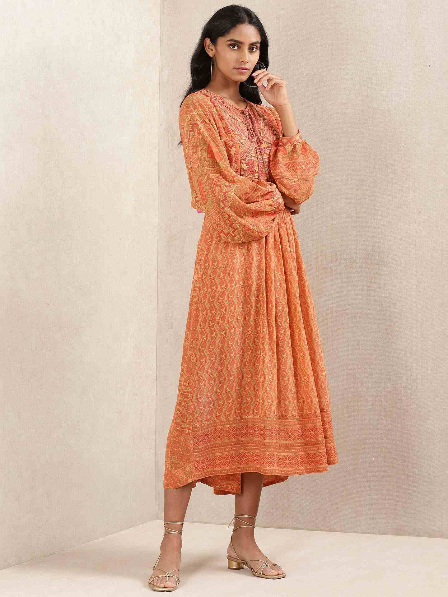 Rust & Beige Salya Crepe Kaftan Dress