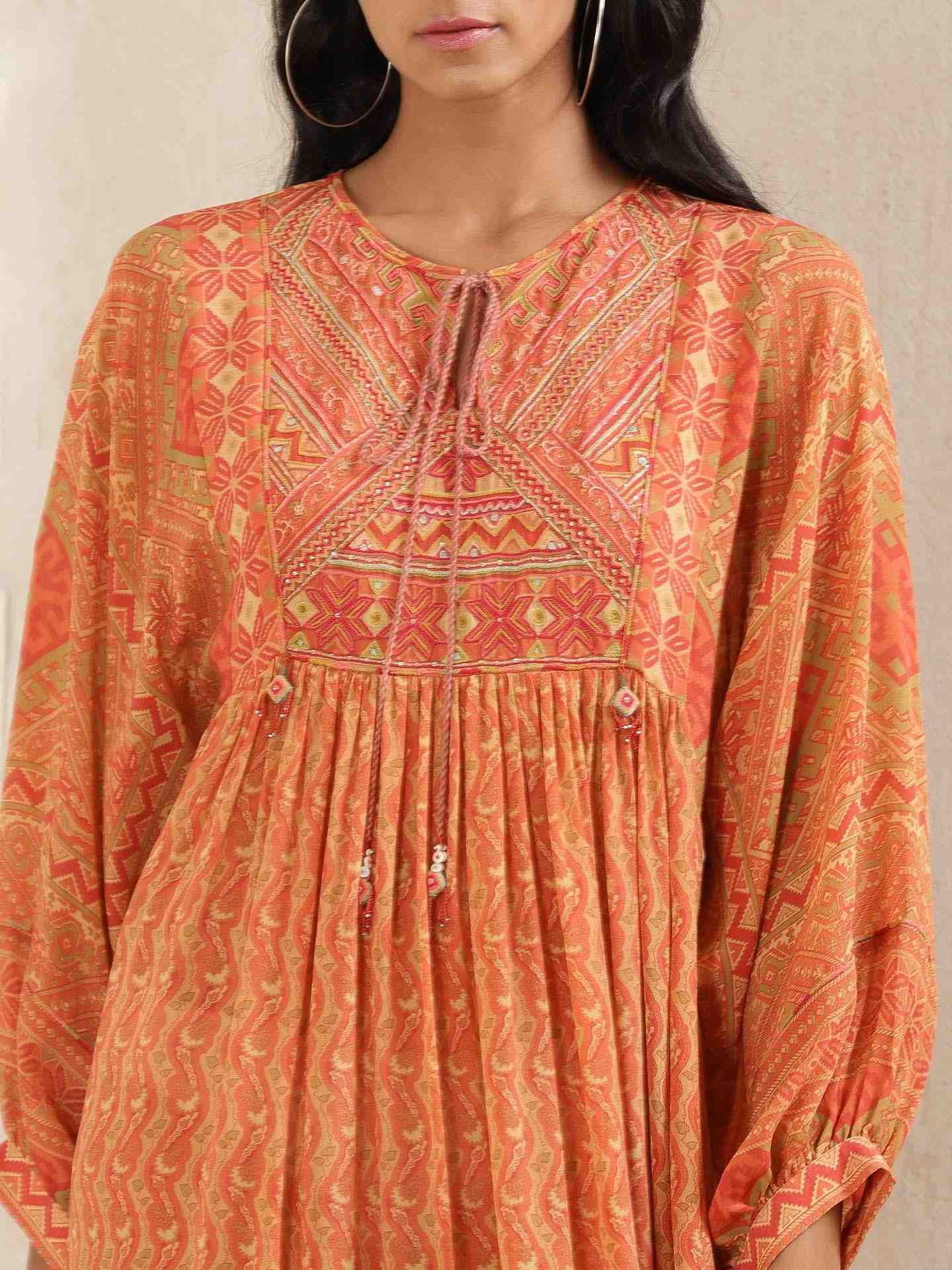 Rust & Beige Salya Crepe Kaftan Dress