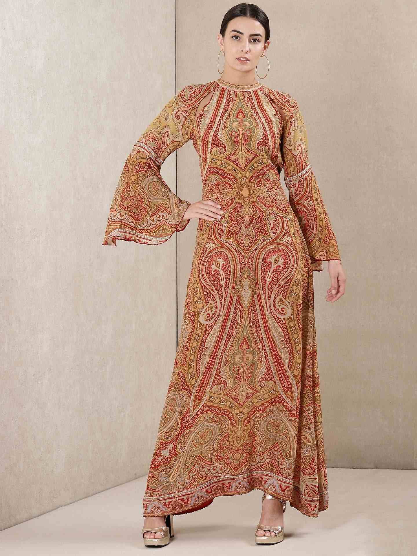 Beige & Red Dress Jamawar Crepe Shift Dress