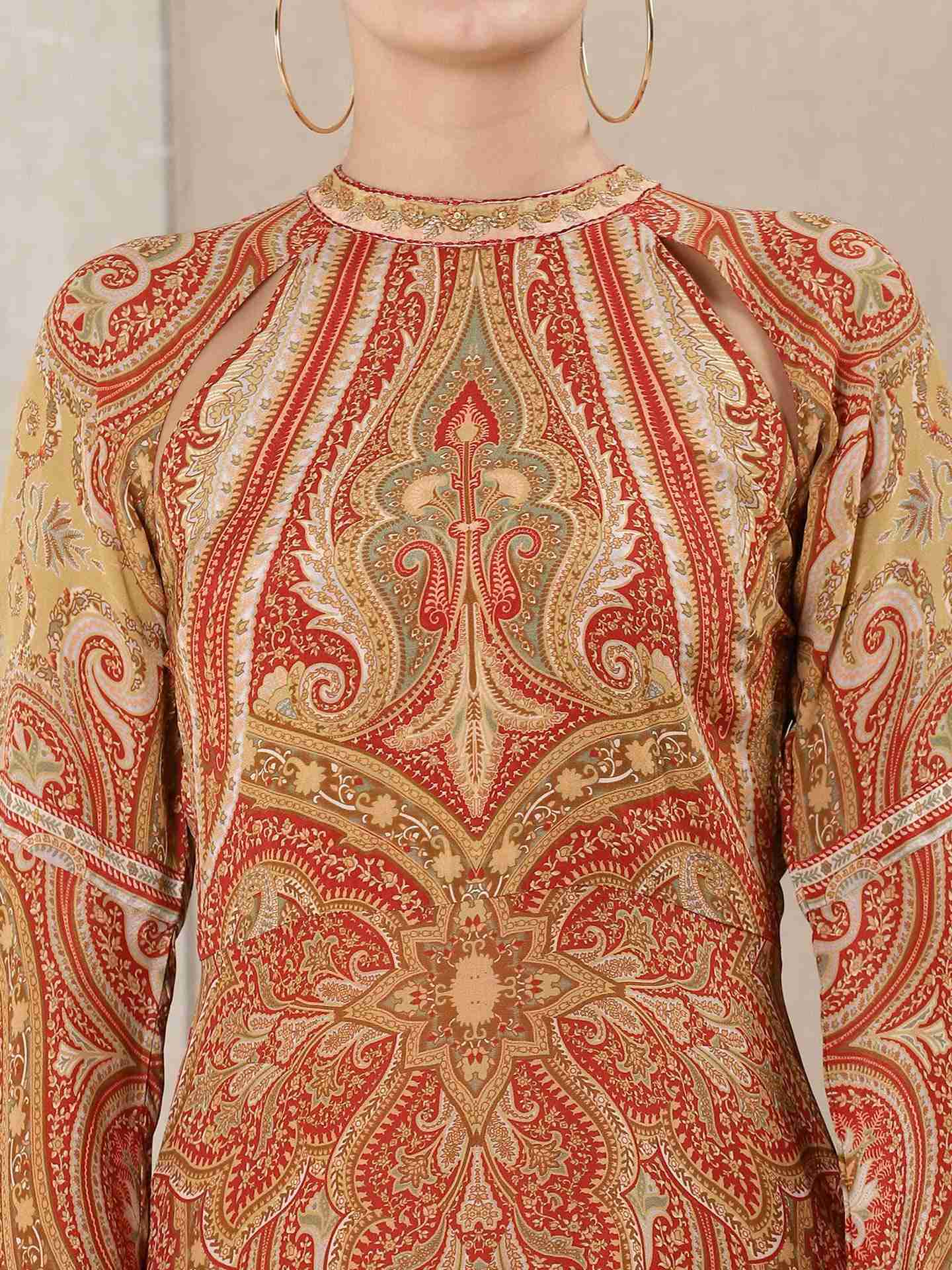 Beige & Red Dress Jamawar Crepe Shift Dress